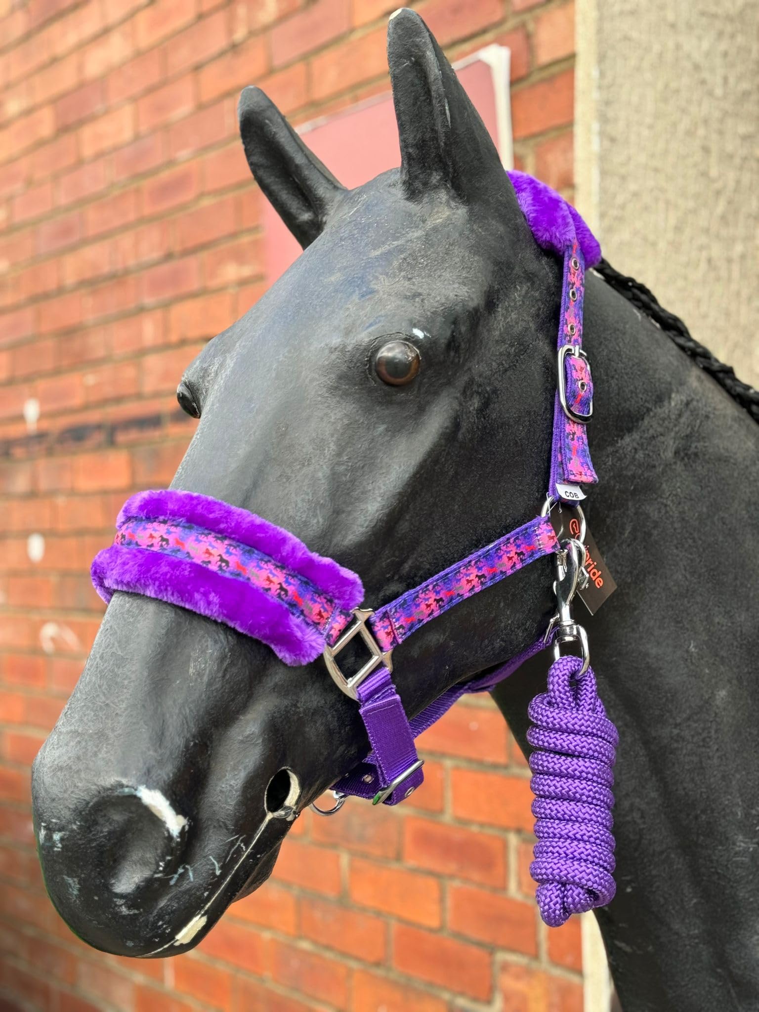 EQUIPRIDE HEADCOLLAR AND LEAD ROAD SET FAUX FUR UNICORN PRINT SIZE FULL-SHETLAND PURPLE (Full)