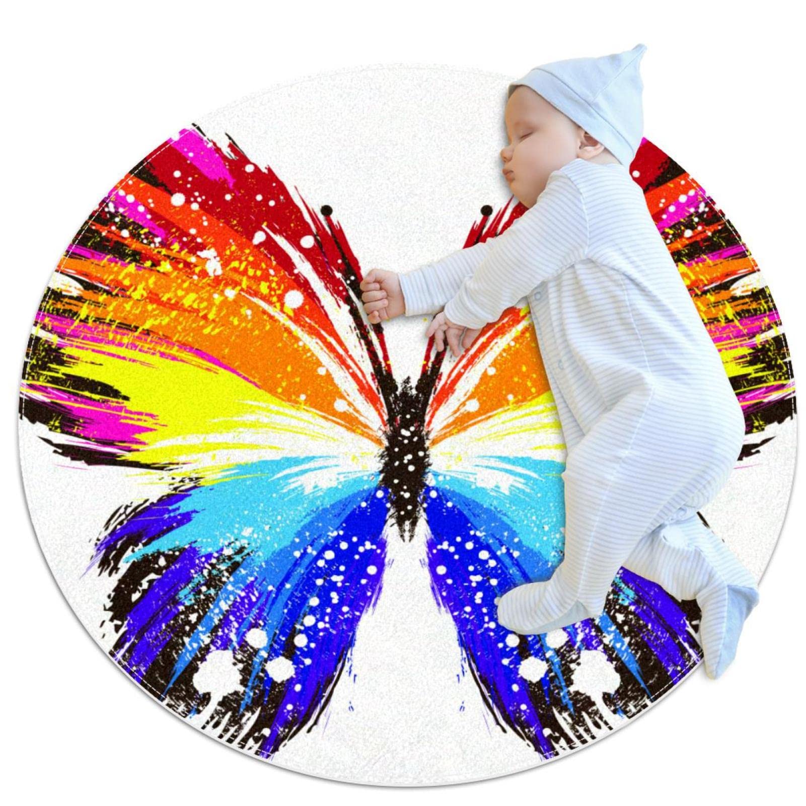 Tapis rond papillon arc-en-ciel grunge JDEZ 100x100cm pour chambre et salon