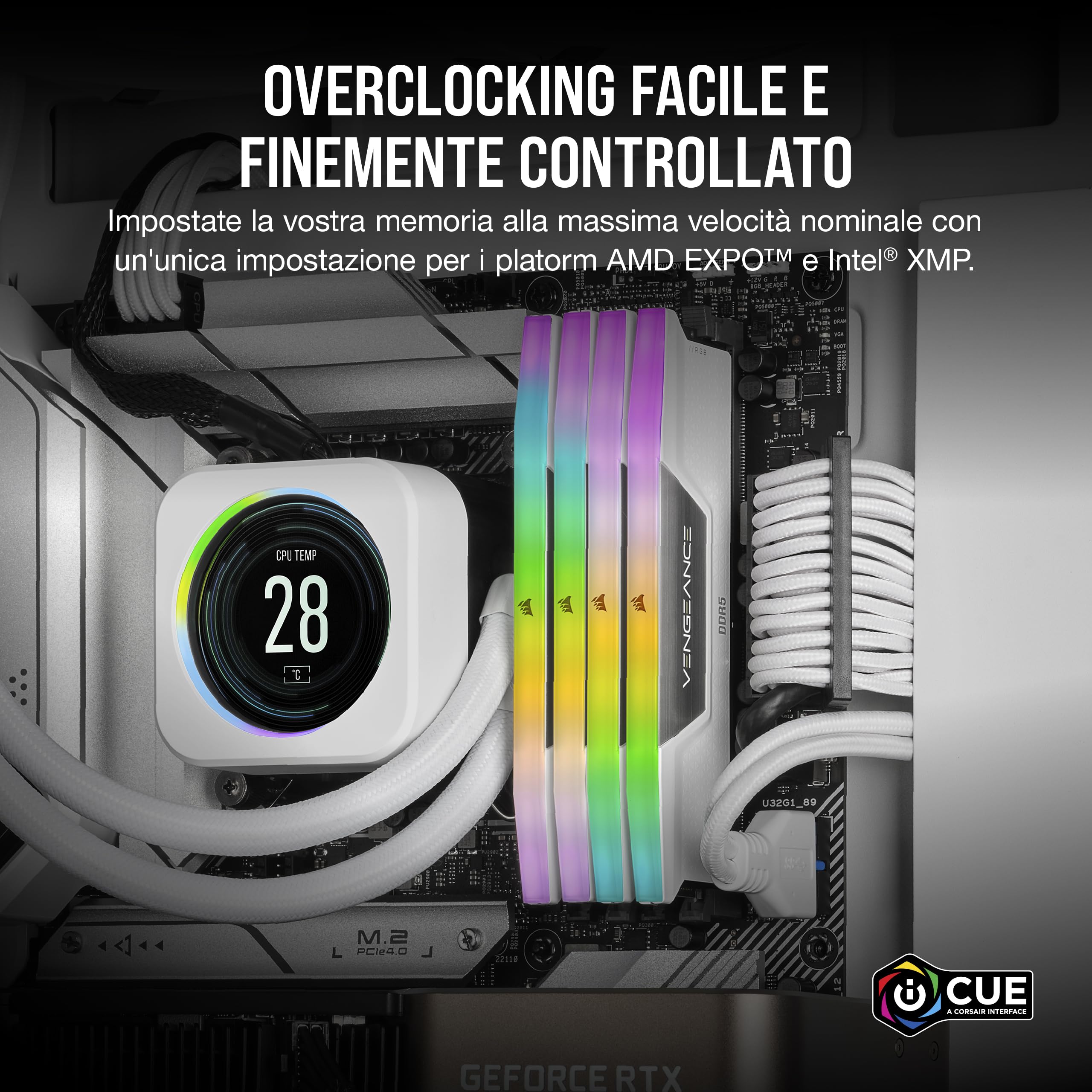 CORSAIR VENGEANCE RGB DDR5 32GB (2 x 16GB) Fino a 6400MHz AMD INTEL RAM | Memoria Per Computer Desktop, Compatibile con AMD EXPO e Intel XMP 3.0, CL36, Bianco, CMH32GX5M2B6400Z36W