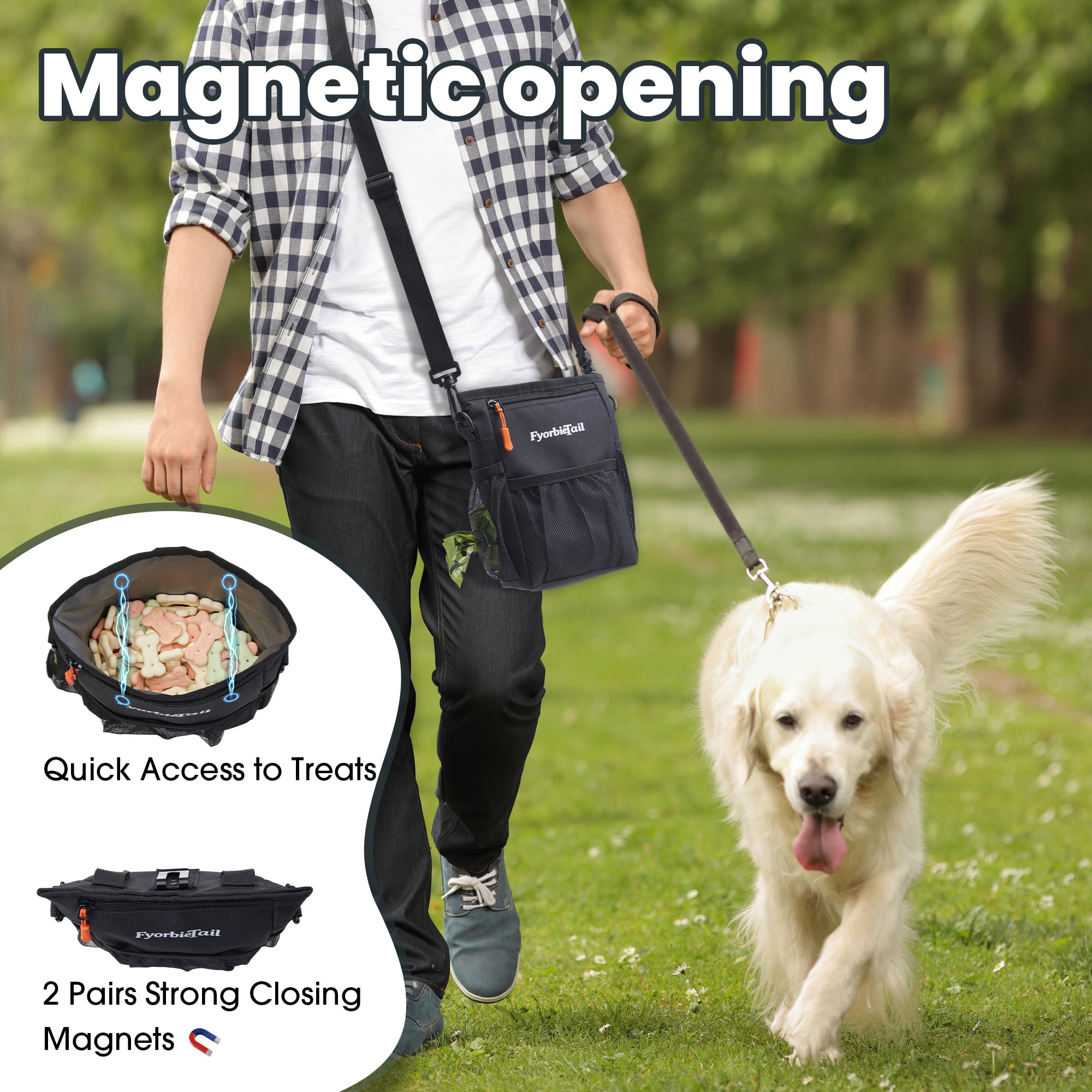 Dog Treat Pouch, 4 Cup Waterproof Dog Training Bag, Hands-Free 3 Ways to Wear, Magnetic Closure, Multi-Pocket, with 2 Rolls Poop Bags (Black) - image 5