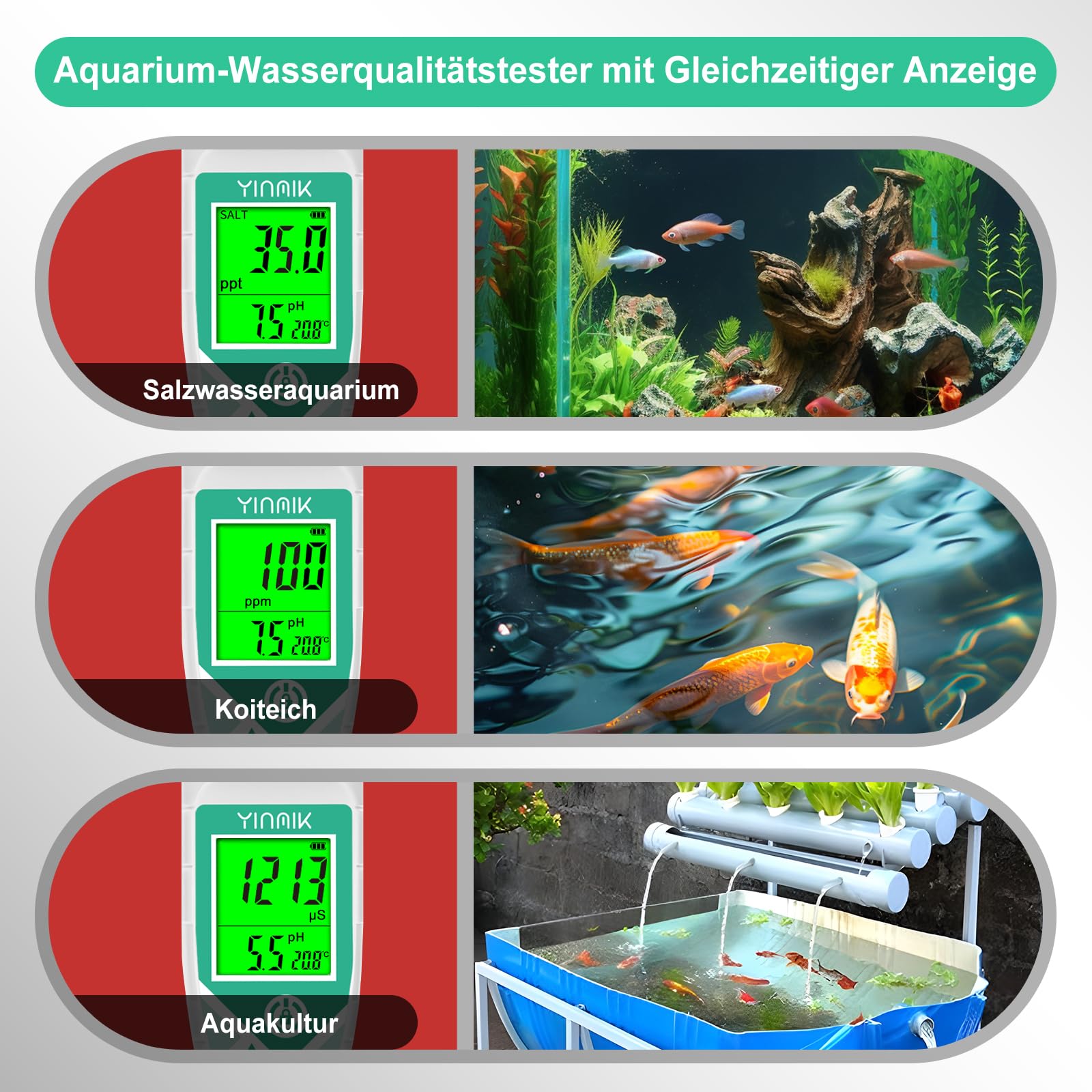 Meer Aquarium Salz Tester, Wasser pH Messgerät, TDS EC Messgerät für Süßwasseraquarien, Digitales Leitfähigkeits Messgerät, pH TDS für Koiteiche, Riffaquarien, Aquaponik PPM pH EC Salzgehalt Lesegerät