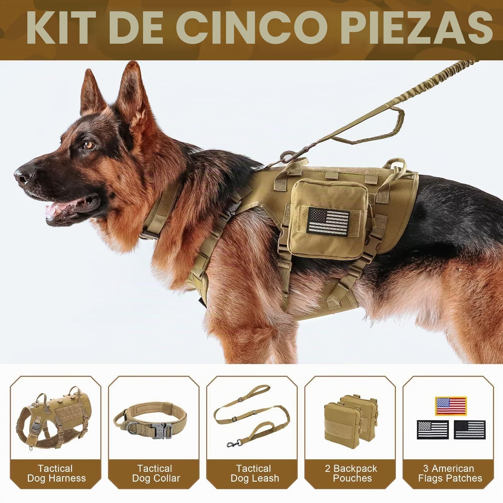 Forestpaw - Arnés táctico para Perros con Correa elástica, arnés Militar antitirones para Entrenamiento de Caminata, Ajustable para Perros medianos y Grandes, Caqui, para Pecho de 54,6 a 114,3 cm