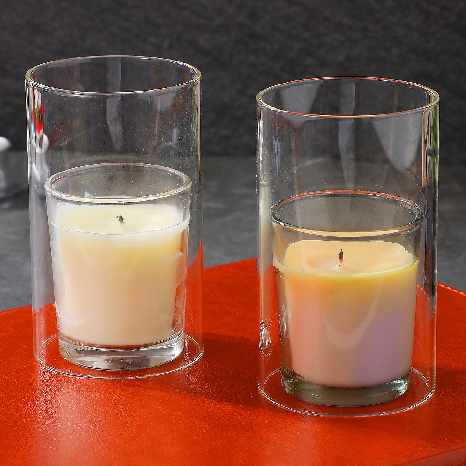 HOMSFOU Cilindro de cristal para velas, 4 unidades, portavelas a prueba de viento, cúpula para vela de té, 8 x 10 cm