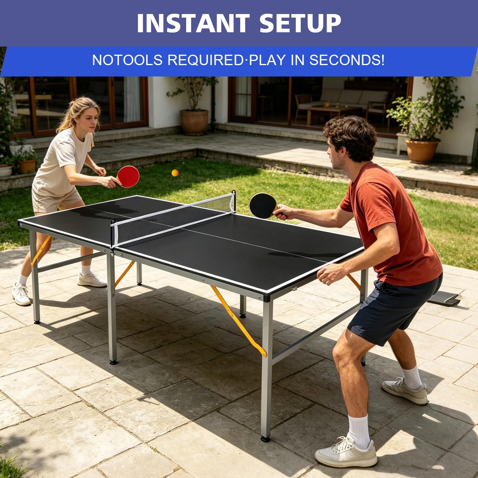 Tavolo da ping pong, 182 x 91 cm, pieghevole, professionale e portatile, con rete, 2 racchette e 4 palline, per interni ed esterni (nero)