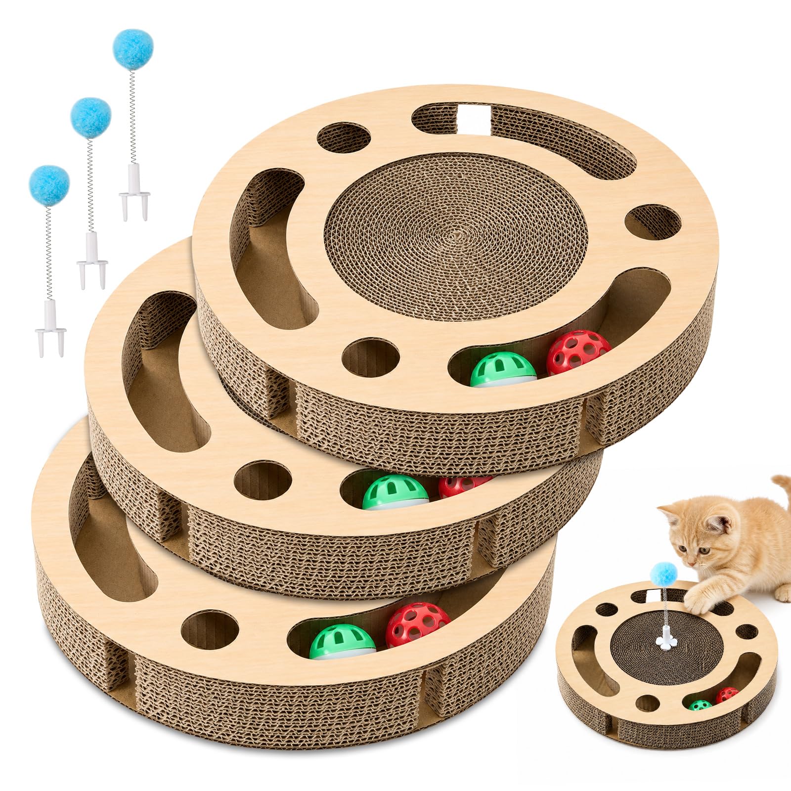 Pinkunn Lot de 3 tapis à gratter pour chat avec 2 boules cloches et 3 baguettes à ressort pour chat, pour l'intérieur, jouet anti-stress, exercice, protection des meubles