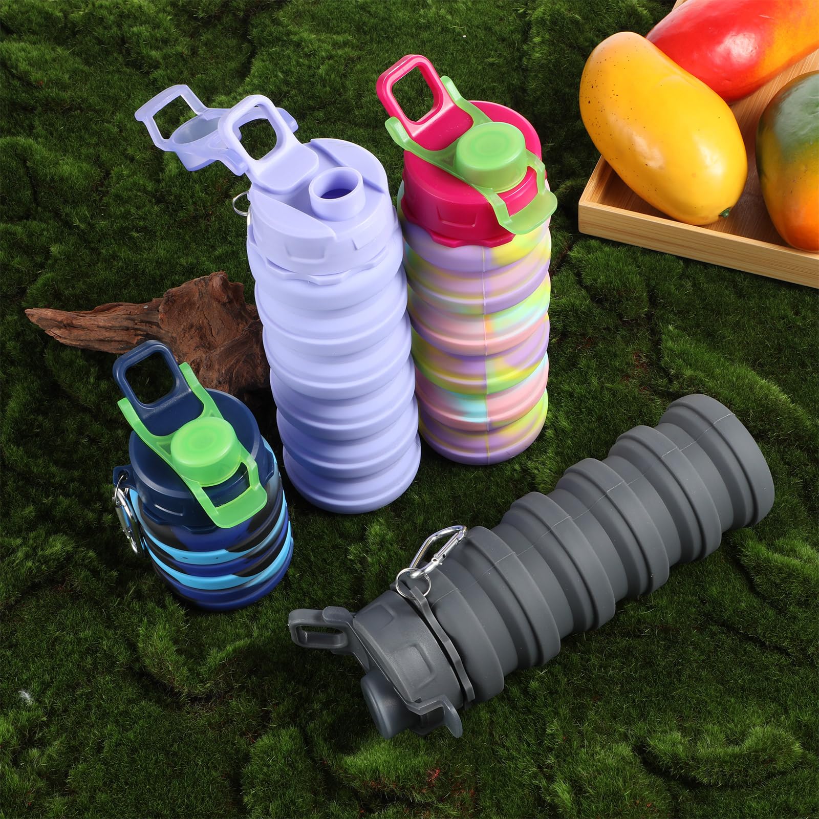 MAQUITA 4 botellas de agua plegables de 16 onzas, botellas de agua plegables portátiles de silicona a prueba de fugas, botella de agua de viaje, reutilizable, botella de agua deportiva con clip de