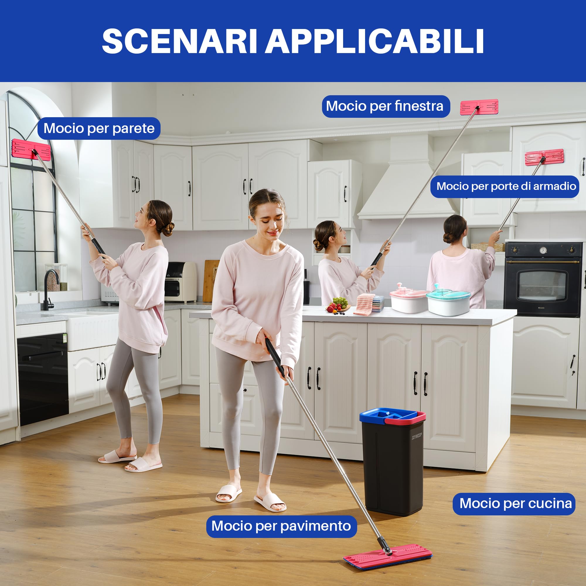 JOYMOOP set mocio lavapavimenti e secchio per casa, sistema autopulente mani libere, 3 panni in microfibra riutilizzabili, per pavimenti e pareti - Nero + Rosso + Blu Ardesia