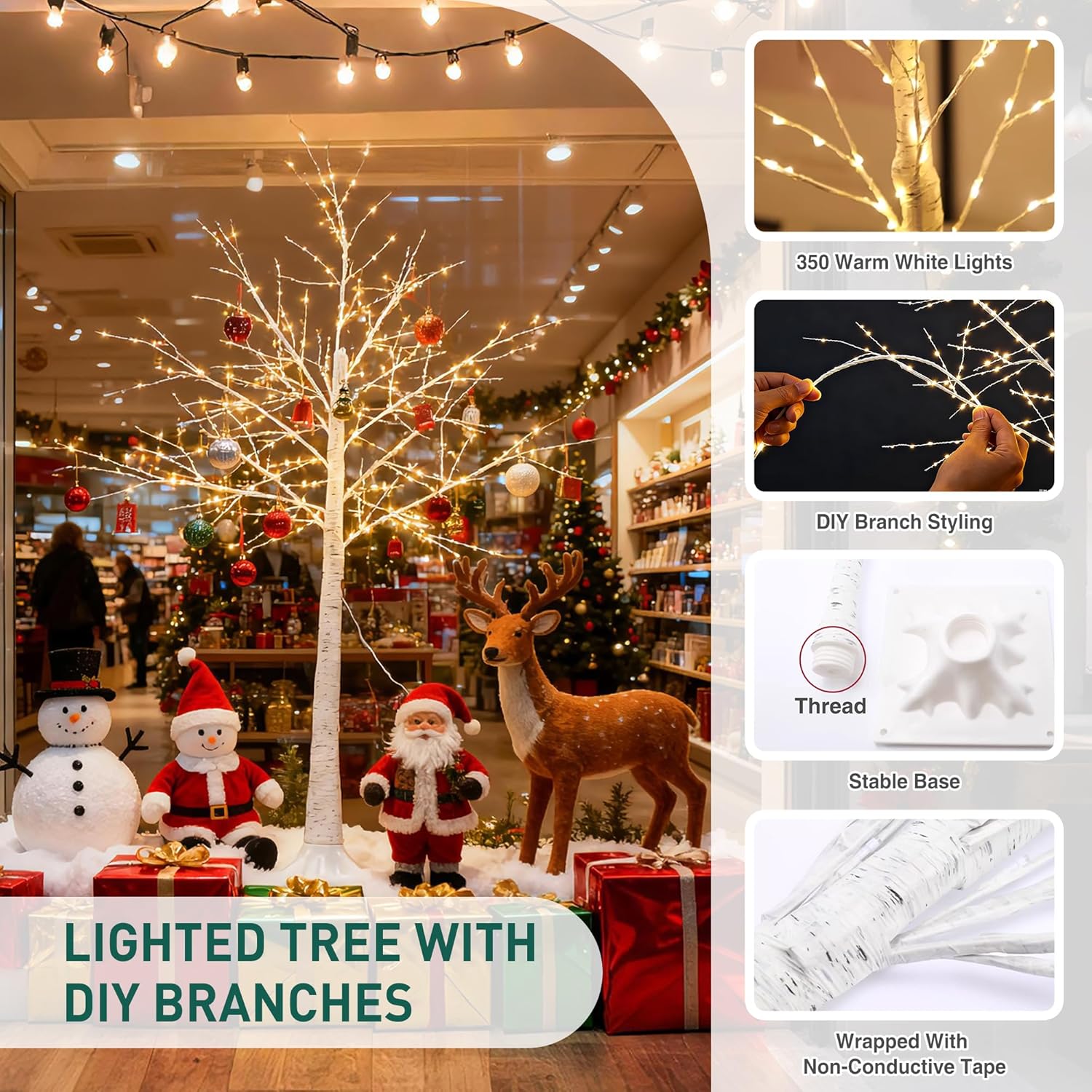 5FT White Firefly Tree with Lights - Lighted Firefly Tree with 350 Warm White LEDs for Holiday Decor,Waterproof,Remote Control Lighted Trees for Indoor and Outdoor Decoration,Dimmable for All Seasons