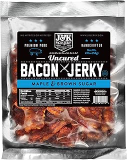 J&K Bacon Jerky, Maple & Brown Sugar Flavor-2.12oz, Thick-Cut, Uncured Bacon, Bold & Flavorful Jerky Snack,