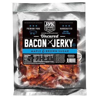 J&K Bacon Jerky, Maple & Brown Sugar Flavor-2.12oz, Thick-Cut, Uncured Bacon, Bold & Flavorful Jerky Snack,