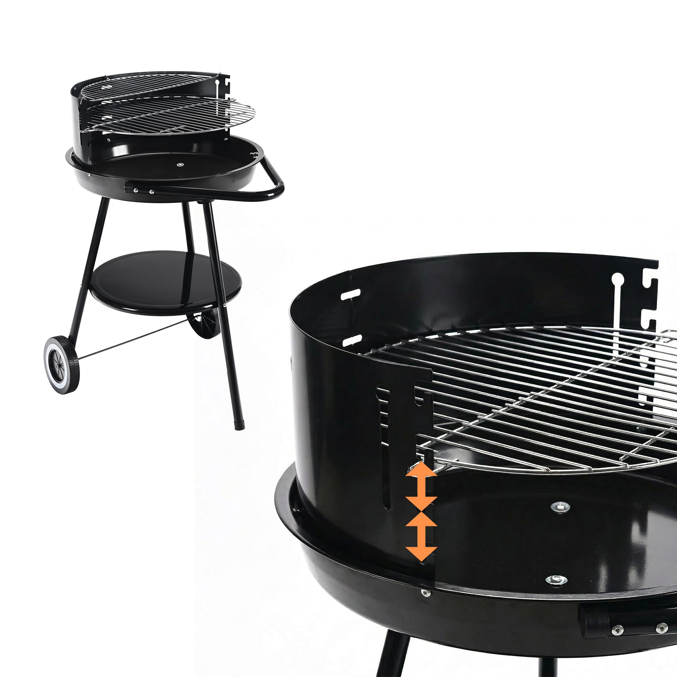 Relaxdays Barbacoa de carbón con Ruedas, Ø 47 cm, jardín, Negra | Paravientos, estante, rejilla calentadora, redonda