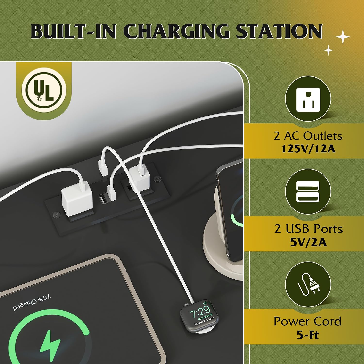Close-up of the built-in charging station on the dresser with AC outlets and USB ports