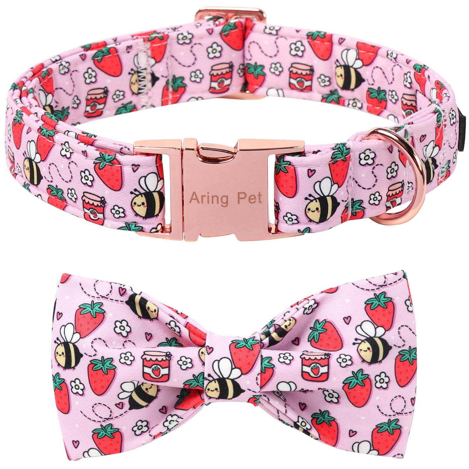 ARING PET Dog Collar with Bow, Pink Strawberry Bowtie Dog Collar with Metal Buckle, Soft and Comfortable Cotton Pet Collars for Boys and Girls Dogs, Large