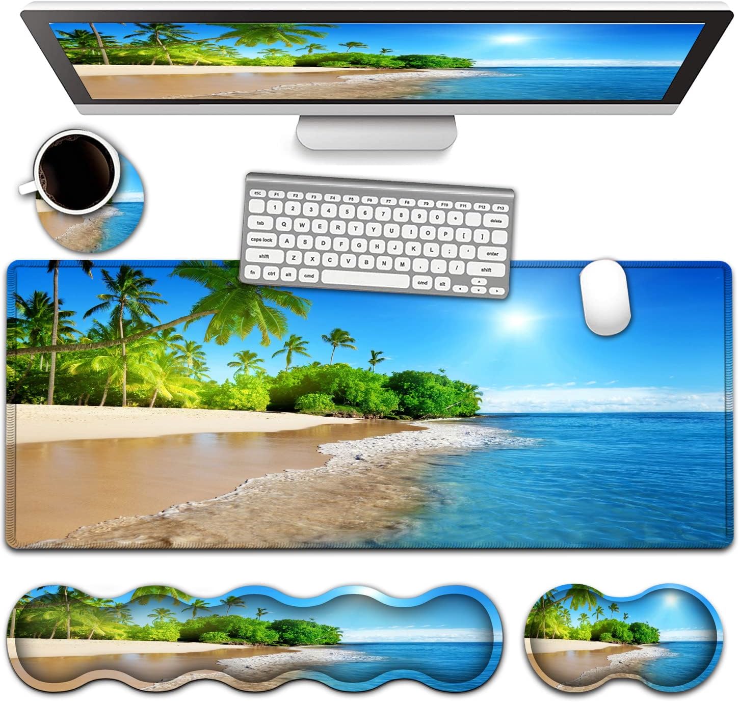Office Desk Pad, Large Mouse Pad(31.5" x 11.8") Laptop Desk Table Protector Extended Writing Mat, Ergonomic Memory Foam Keyboard Wrist Rest Support,Tropical Palm Sea Beach View Gaming Mouse Pad Set