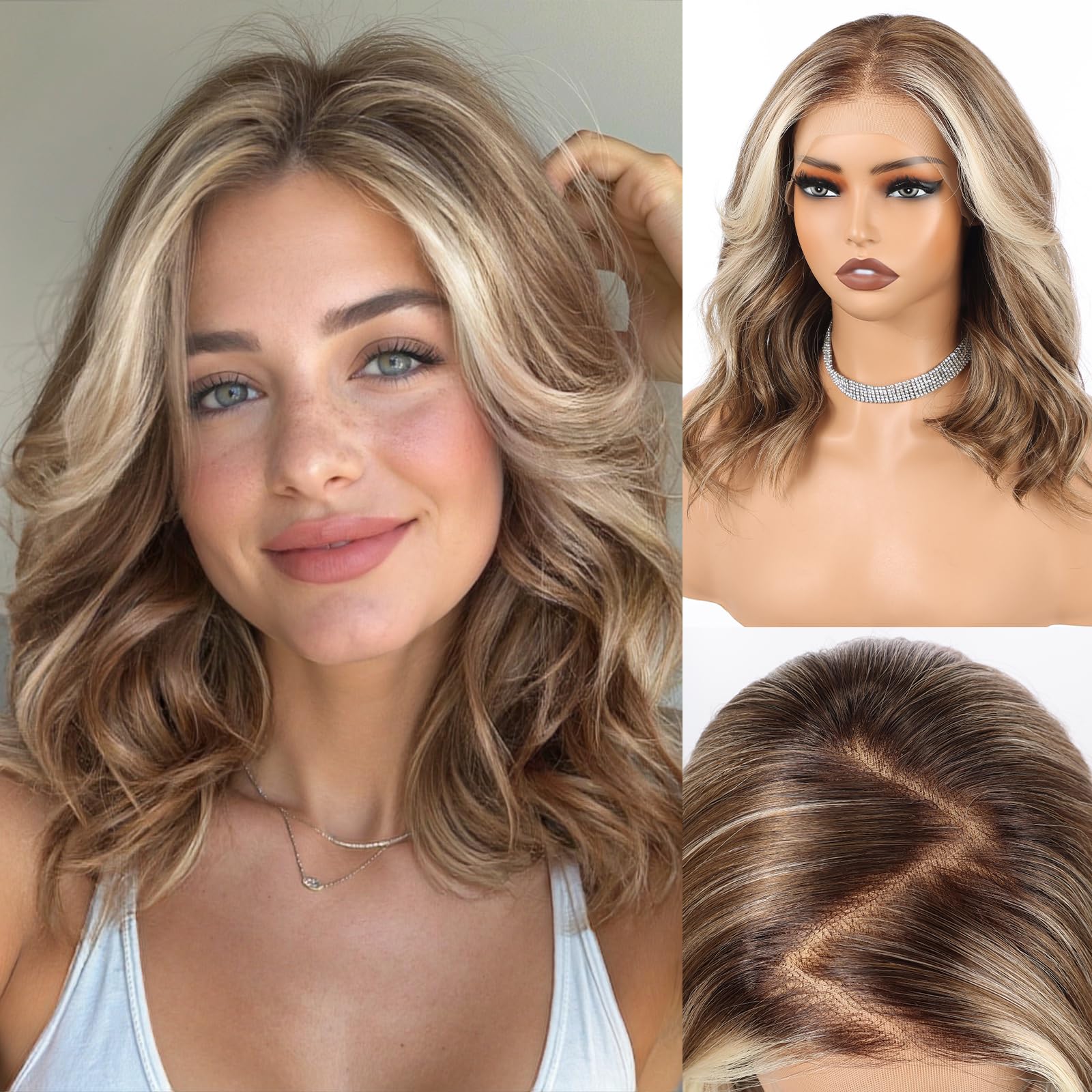 HAIRCUBE 13x6 HD Lace Front Wig for Women, 16-Inch Heat Resistant Synthetic Wavy Hair, Shoulder Length Glueless Lace Wigs for Daily, Party&Date (Blonde balayage
