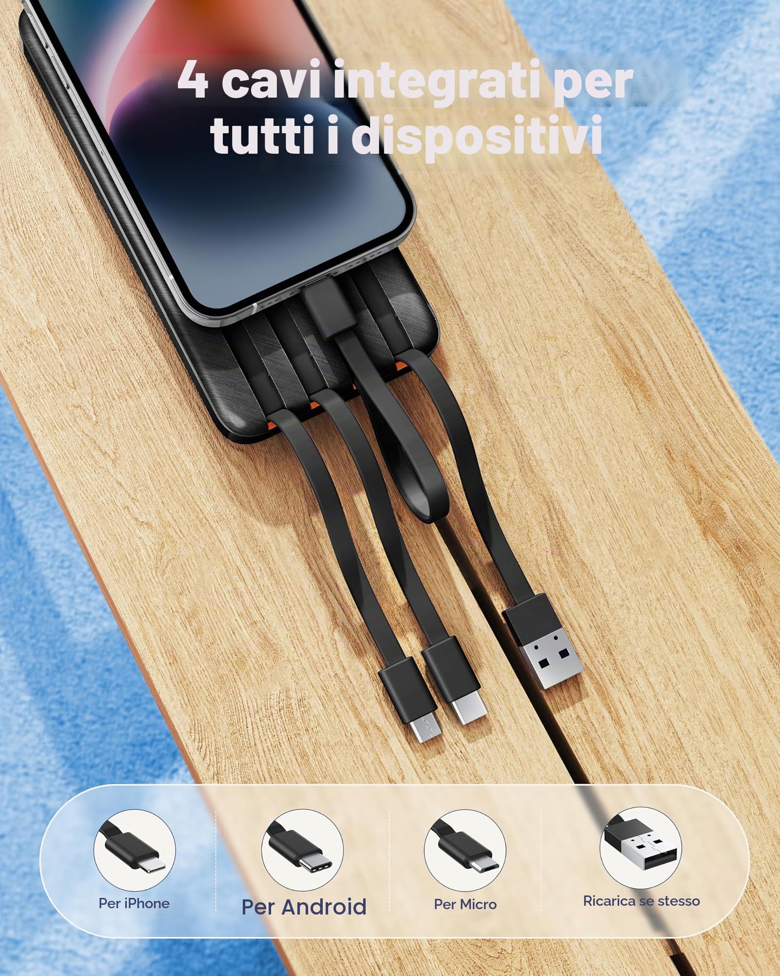 charmast Caricabatterie portatile da 20000 mAh con cavi integrati, ricarica rapida da viaggio da 22,5 W, batteria USB C per iPhone serie 17/16/15/14/13/12, iPad, Samsung, Android, tablet