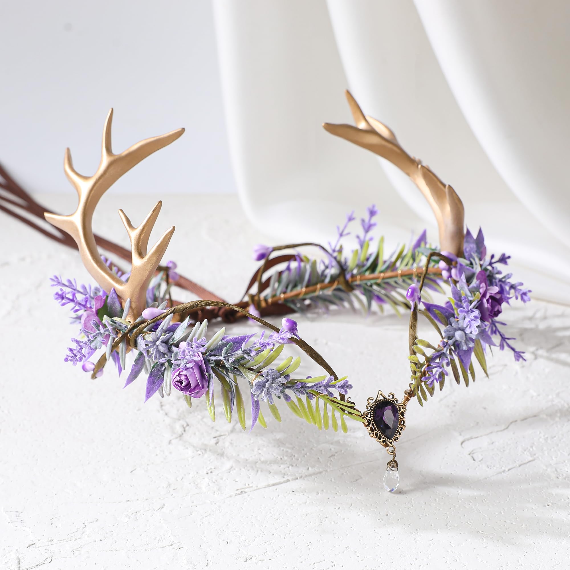 MOSTORY Geweih Kopfschmuck Elfe für Feen Accessoires Damen, Lila Haarschmuck mit Blumen und Edelsteine für Cosplay Faschingskostüme