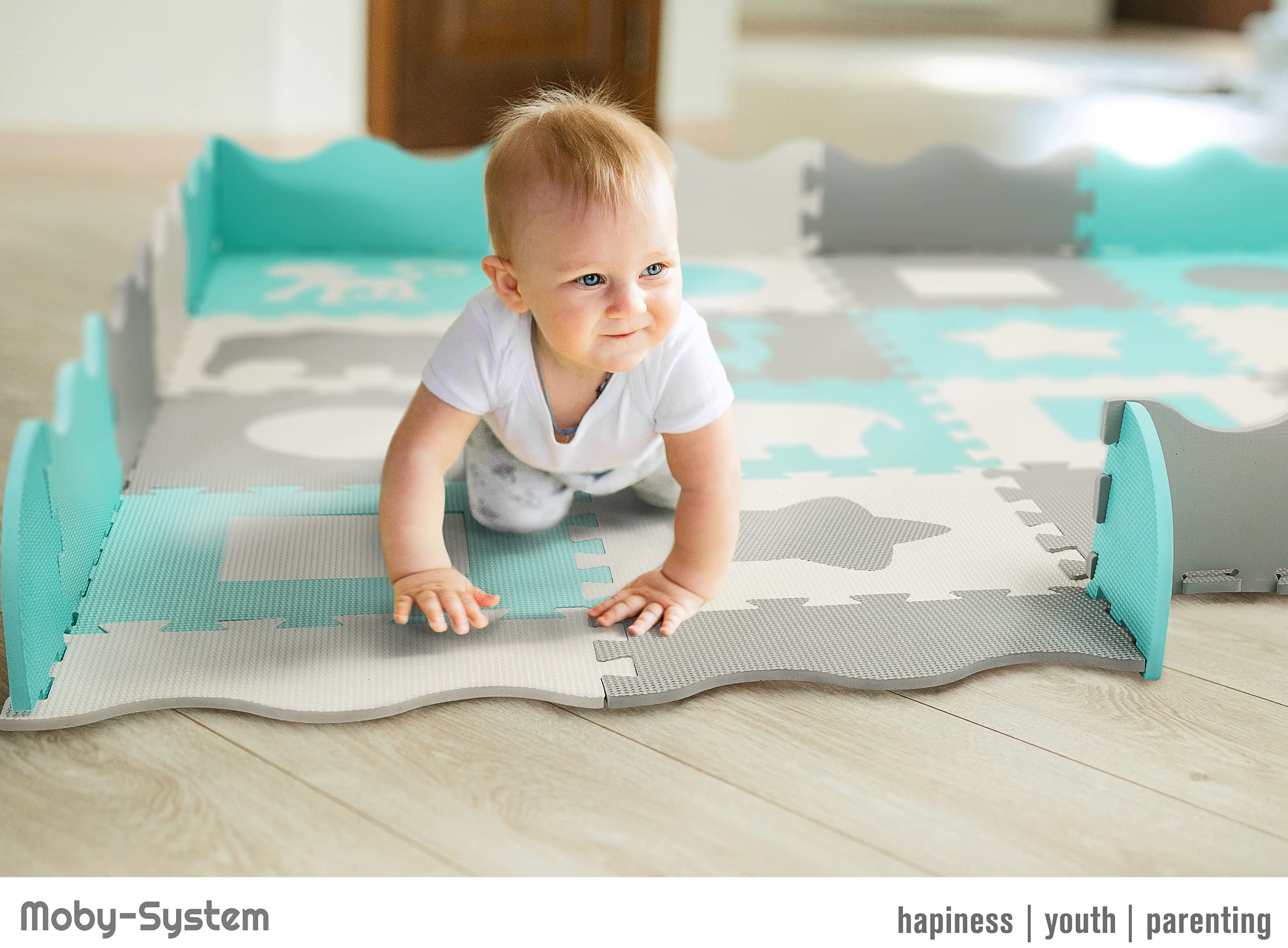 Moby-System Tapete Puzzle para Bebés 150x150cm - Alfombra Puzzle Antideslizante para Gatear y Jugar - Alfombra Bebe Impermeable con Diseños Educativos - Plegable y Lavable