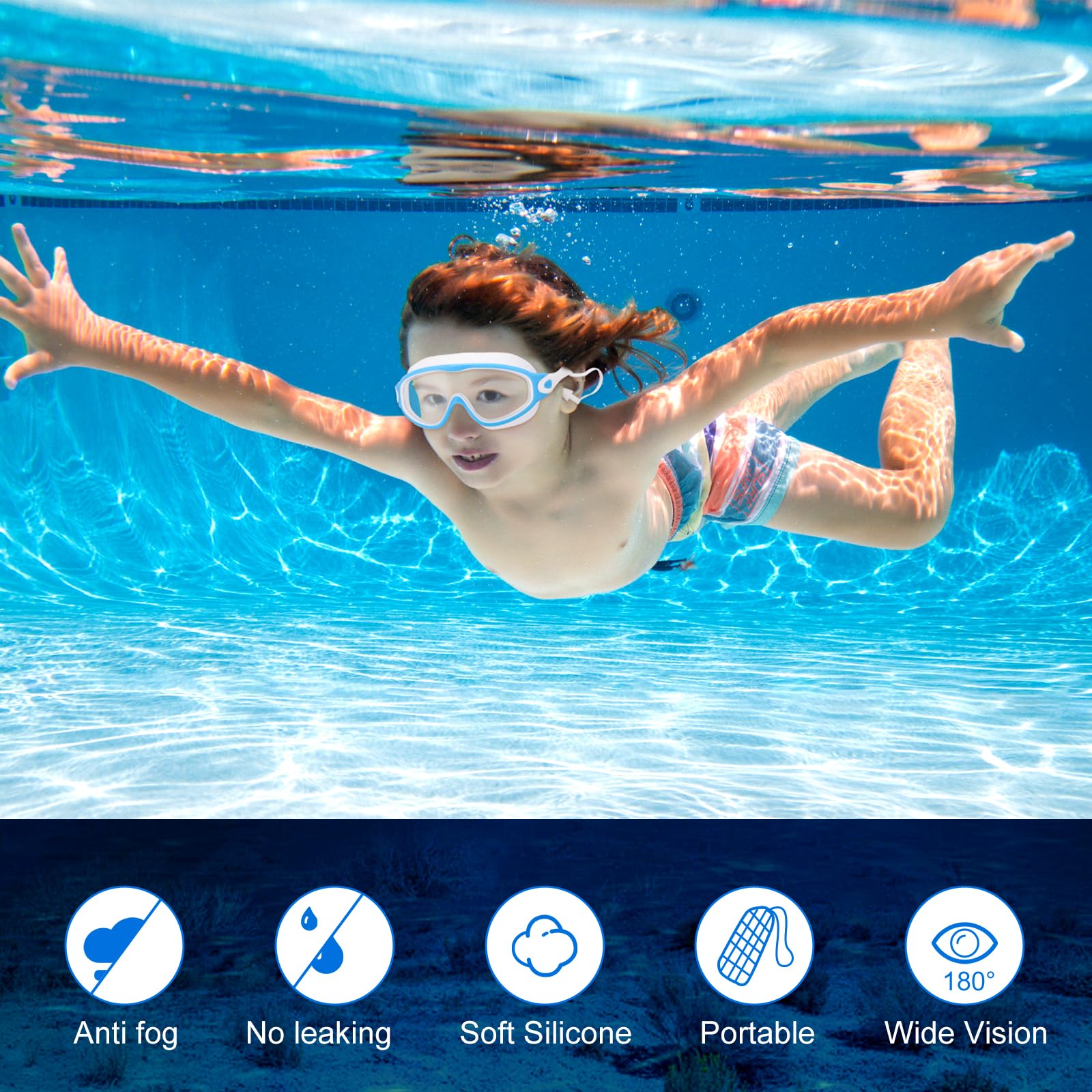 Kanayu 6 occhialini da nuoto per bambini, trasparenti, anti appannamento, ampia vista, senza perdite, con tappi per le orecchie e clip per il naso, per bambini dai 6 ai 13 anni