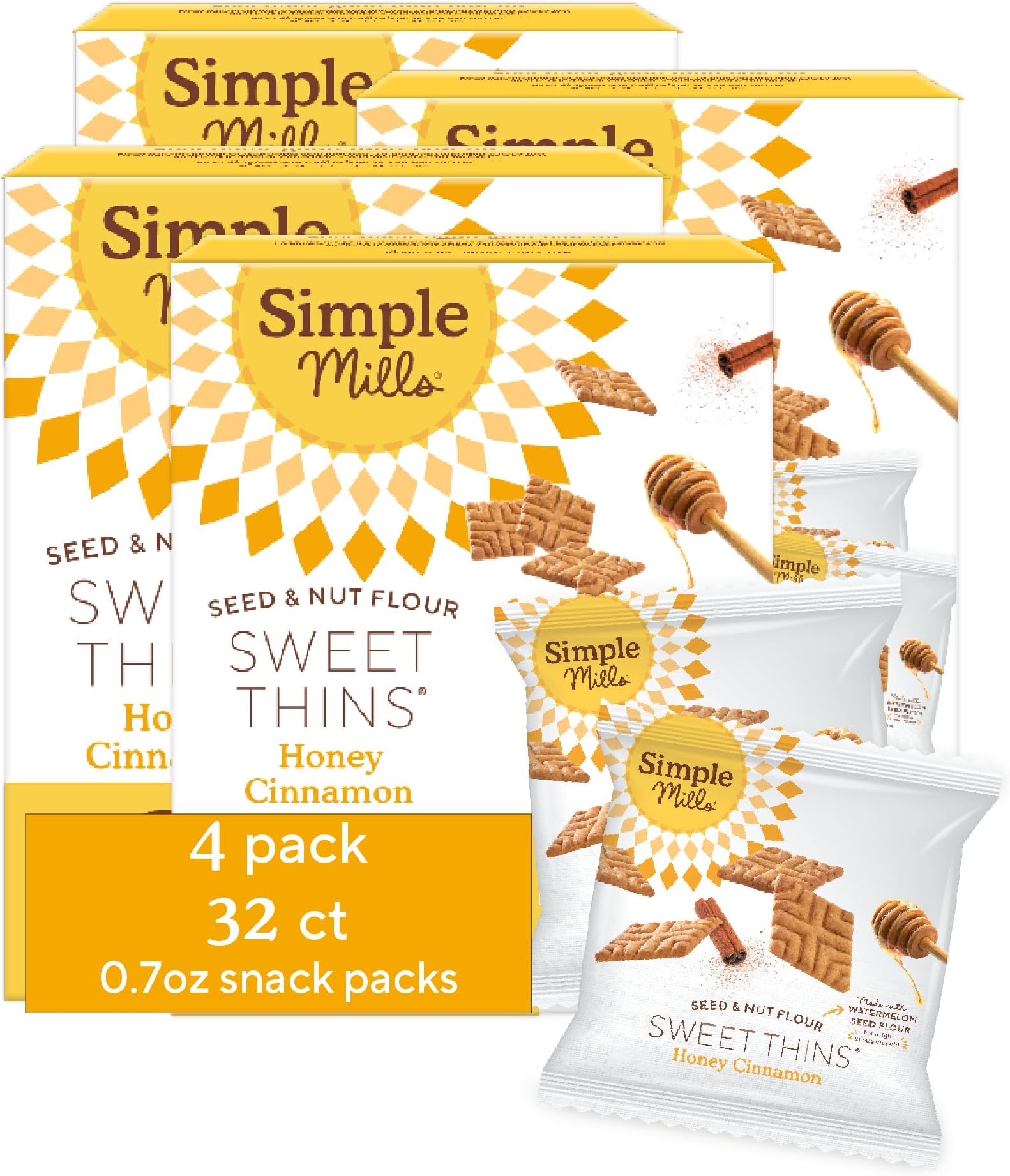 Snack Packs Honey Cinnamon Sweet Thins, Healthy Snacks for Kids, Individual Packs, Seed & Nut Flour, 8 Ct (Pack of 4)