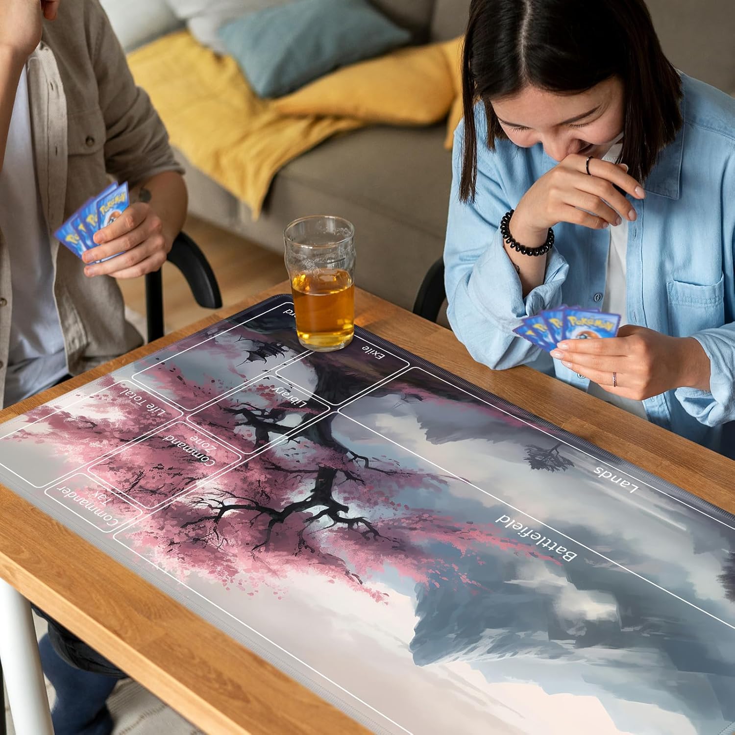 Playmat for MTG, Card Game Mat Non-Slip Rubber Base and Stitched, 24 x 14 inch TCG Play Mat for MTG and Other Card Games (A - Zones), Mountain View Peach Tree
