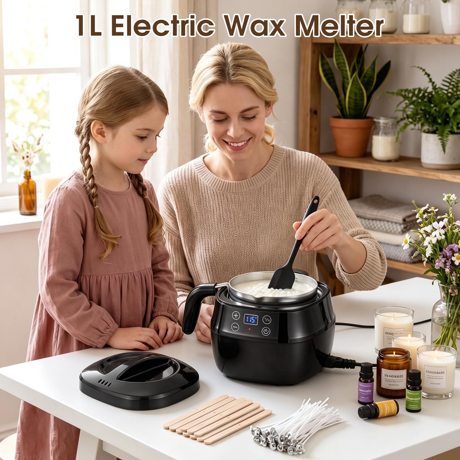Gugxiom Elektryczny topiący wosk, 1 l, garnek do topienia wosku, z cyfrowym wyświetlaczem, precyzyjna regulacja temperatury, zestaw świec DIY