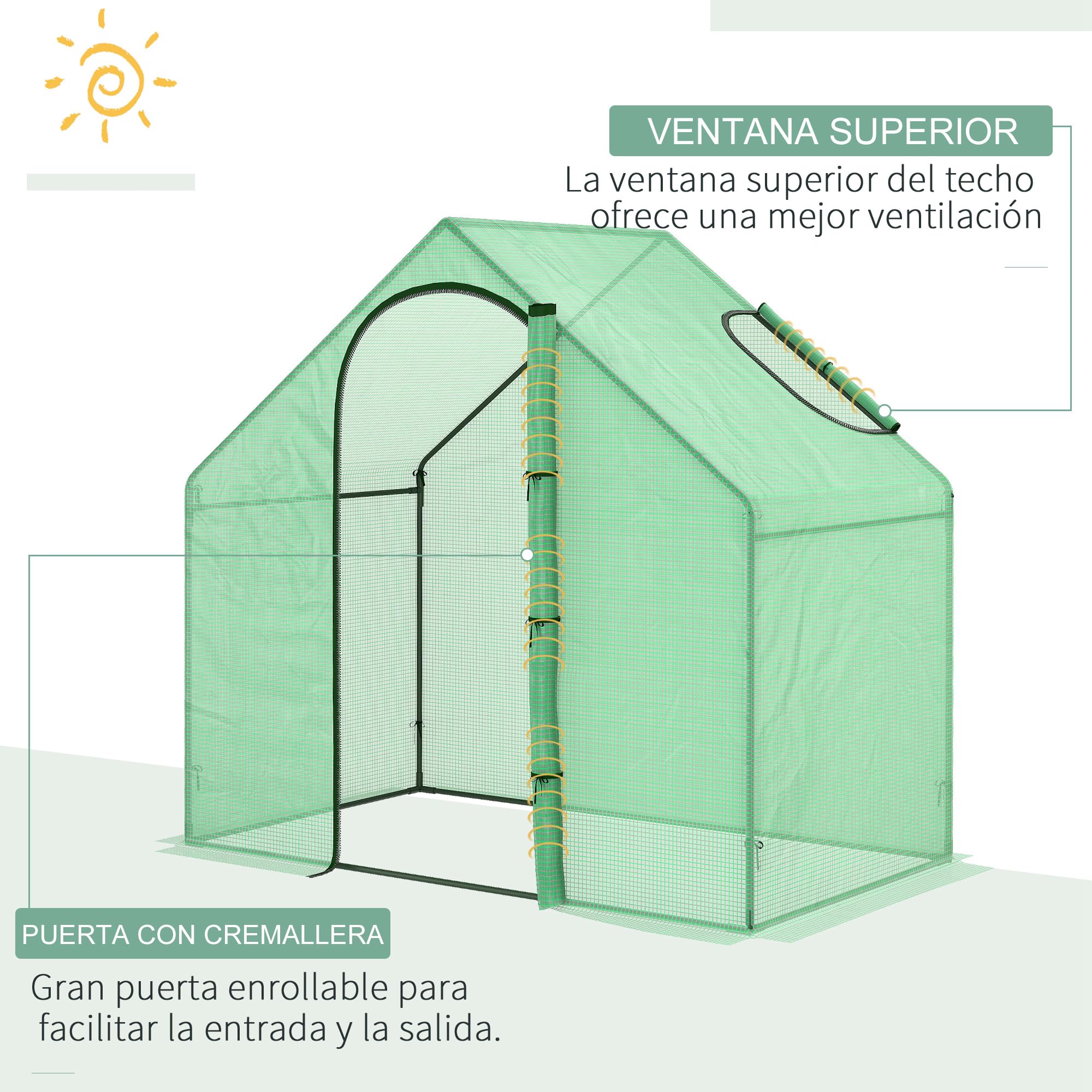 Outsunny Invernadero Pequeño Invernadero de Exterior con Ventana Puerta con Cremallera Marco de Acero y Cubierta de PE 140g/㎡ para Cultivar Tomates Plantas Flores 180x100x168 cm Verde