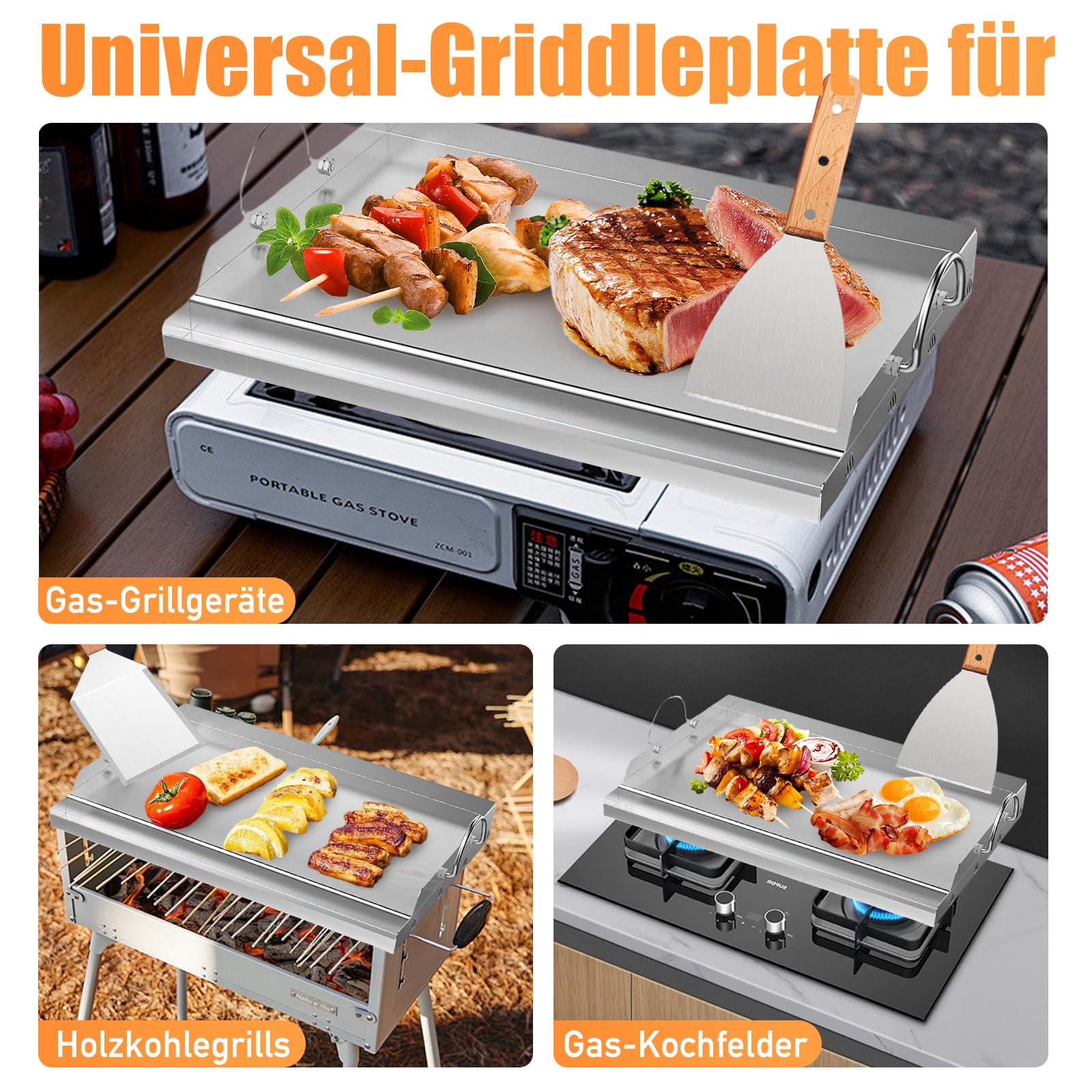 Plancha - Set di piastre per barbecue, 58 x 40 cm, con spatola e raschietto per barbecue, in acciaio inox con protezione antiscottatura e spatola per grigliare con manico in legno per barbecue a gas