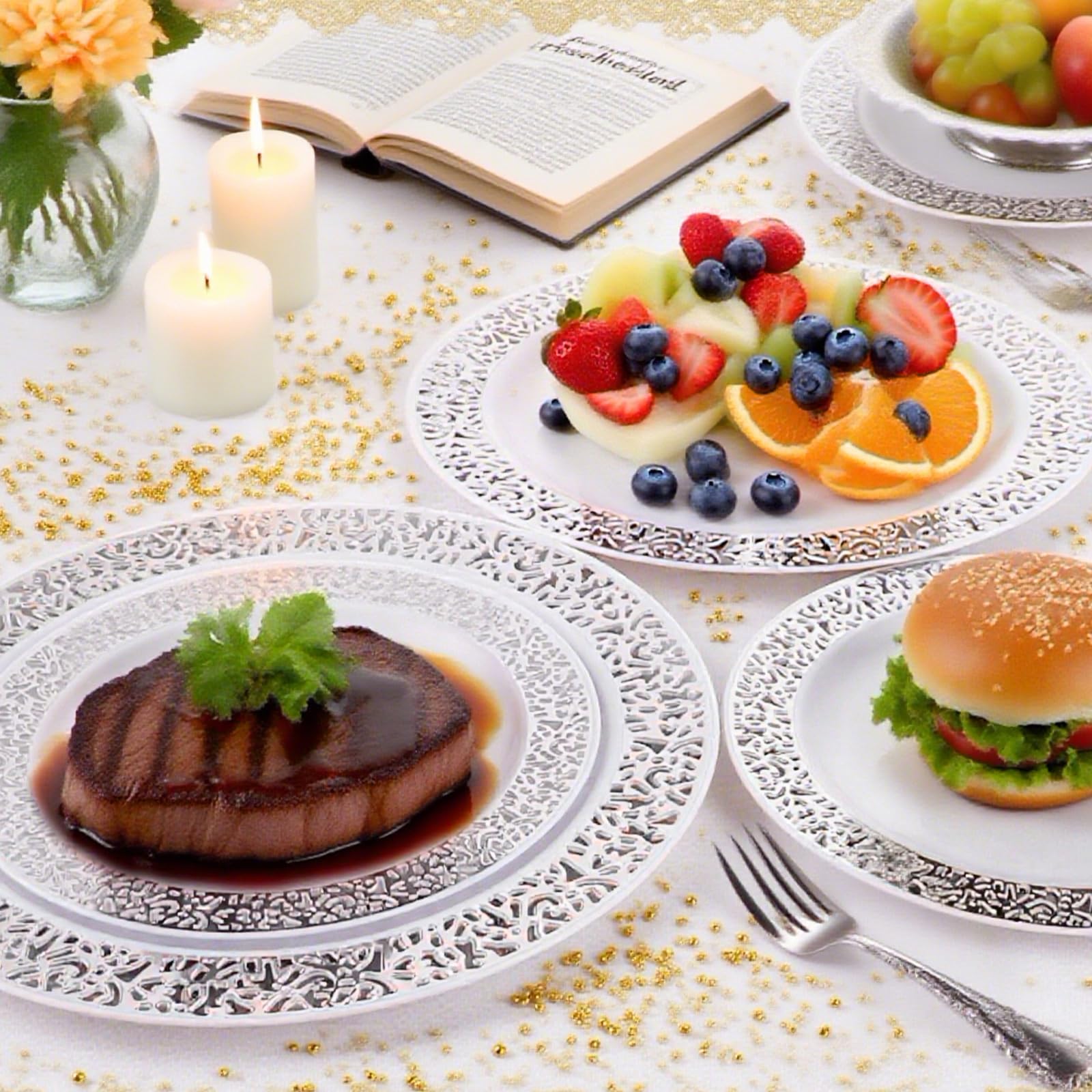 Juego de 50 platos de plástico blancos, 19 cm y 26 cm, reutilizables, platos de plástico reutilizables, para fiestas, platos de fiesta, platos de plástico con plateados para bodas, fiestas
