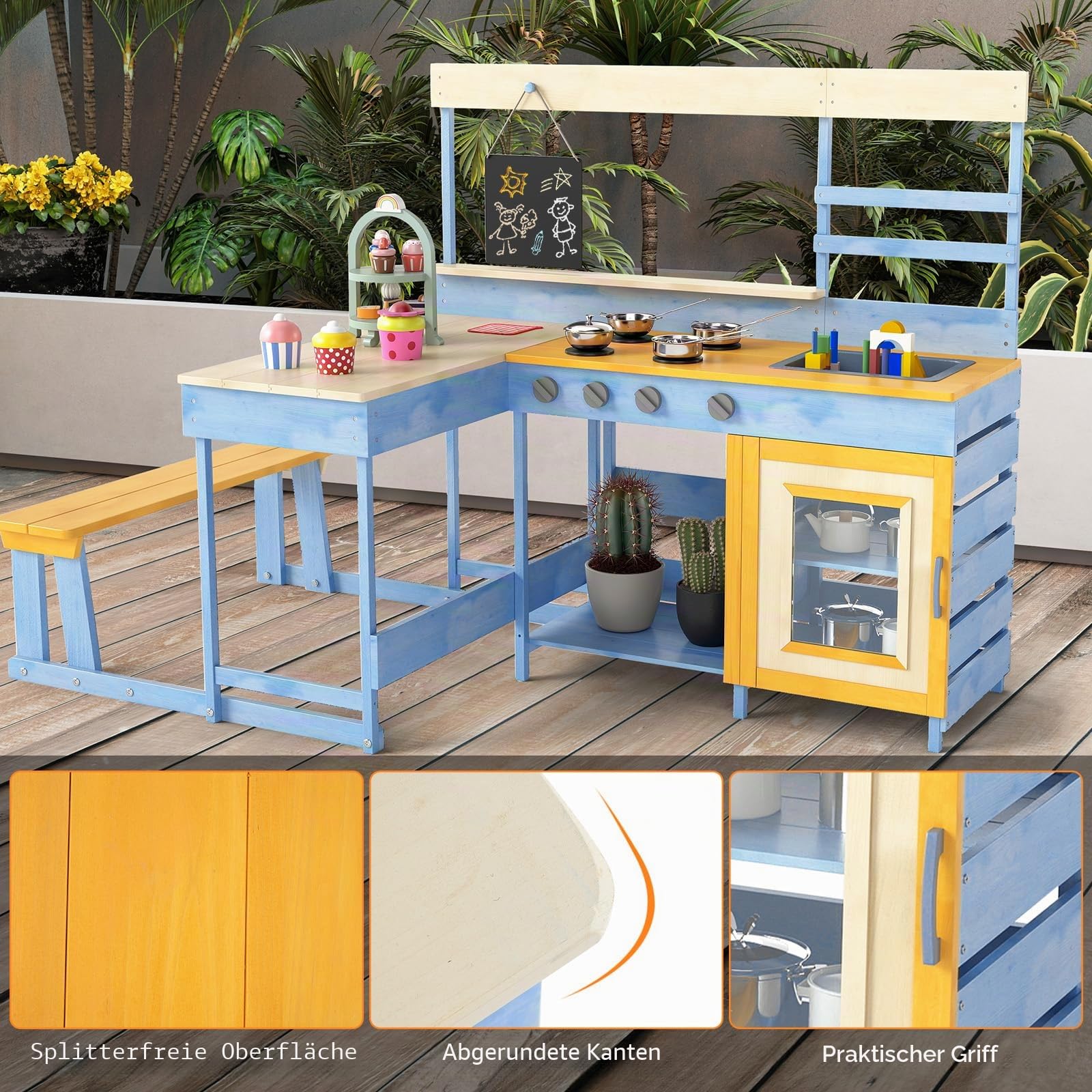 FANTASK Tannenholz Kinderküche, Matschküche mit Picknicktisch & Bank, Dessertzubehör Küchengeschirr Tafel, Outdoor Spielküche Küche für Kinder ab 3 Jahren (Hellblau)