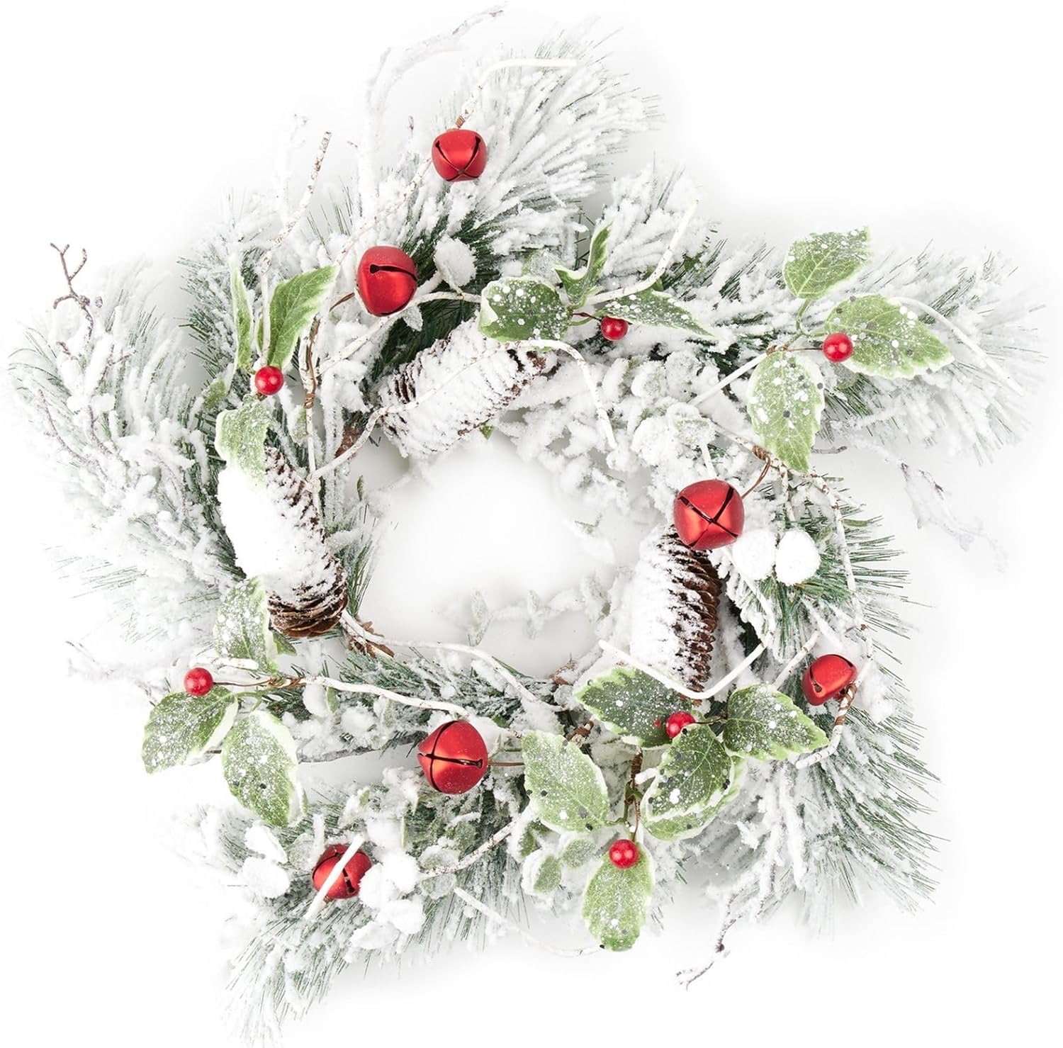 Melrose Flocked Pine and Bell Candle Ring, Christmas, 18" D, PVC, Fits a 6" Candle