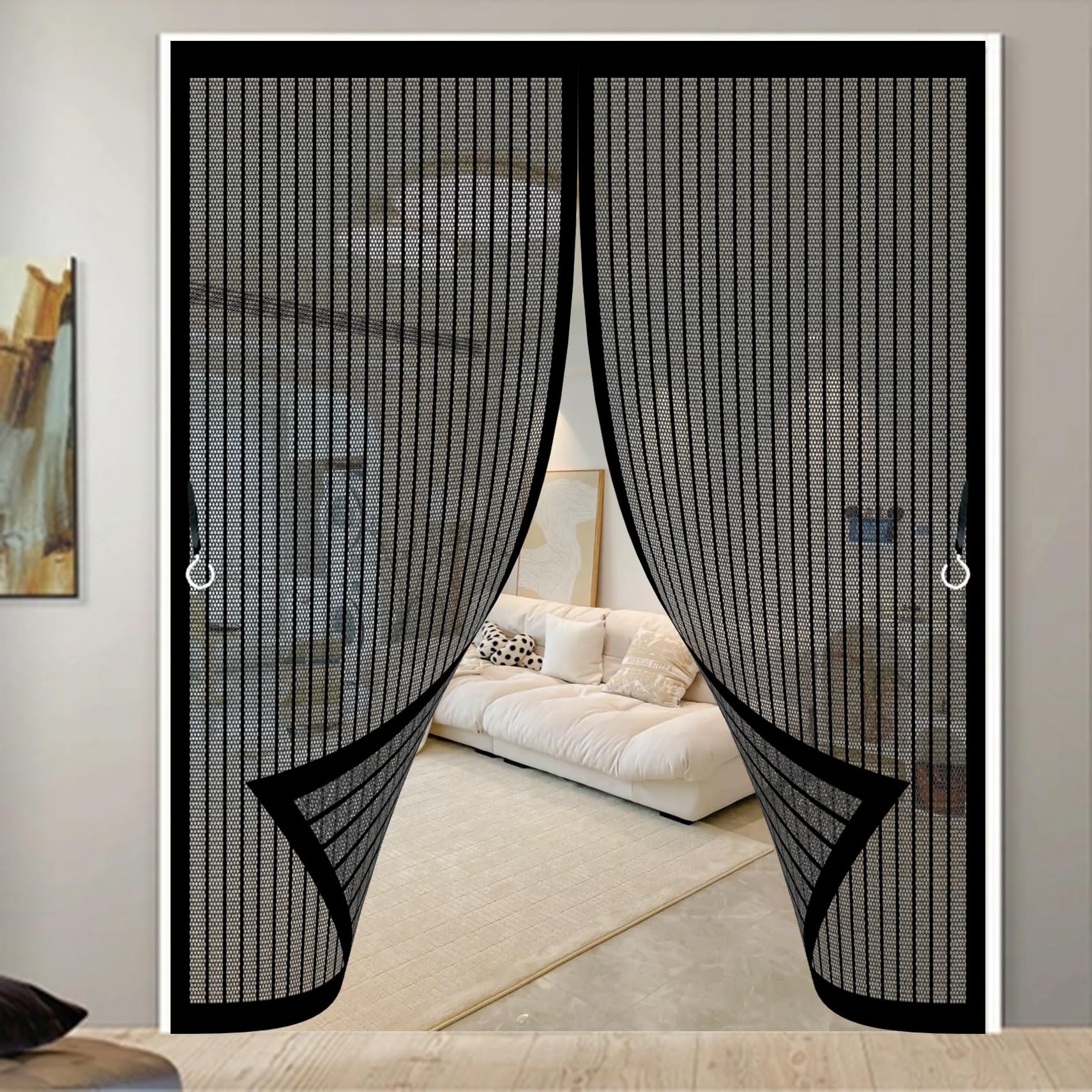 Rideau Moustiquaire Porte 160 x 194 cm Anti-Moustiques, Fermeture Automatique, Sans Perçage, Maille Fine, Moustiquaire de Porte pour de Balcon, Cave, Noir