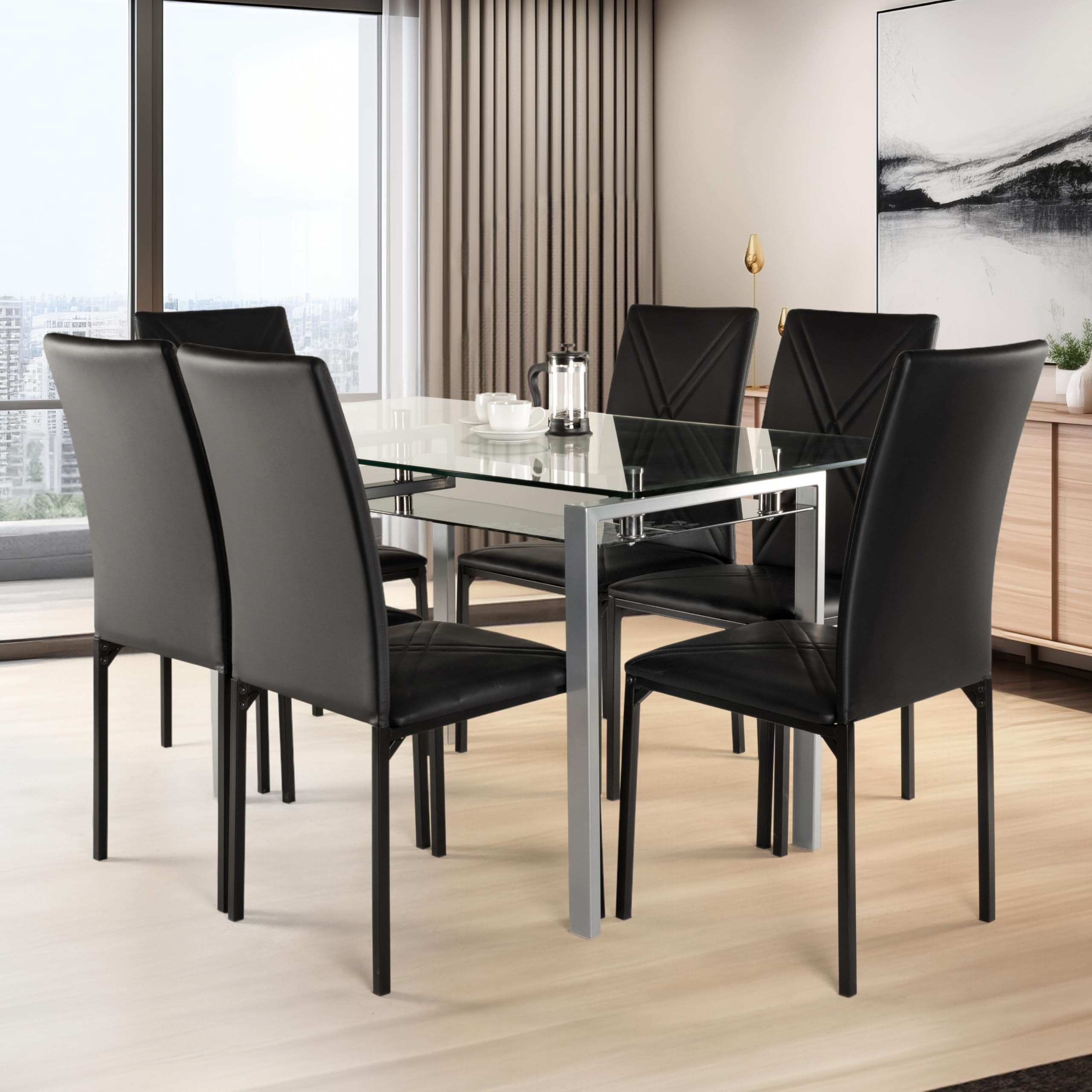 Wakefit Dining Table Set | 1 Year Warranty Dining Table 6 Seater, Dinning Table, Glass Dining Table, Dining Table Glass Top, Dining Table 6 Seater Glass Top - Vanilla (Black), (140 X 80 X 75Cm)-image-25