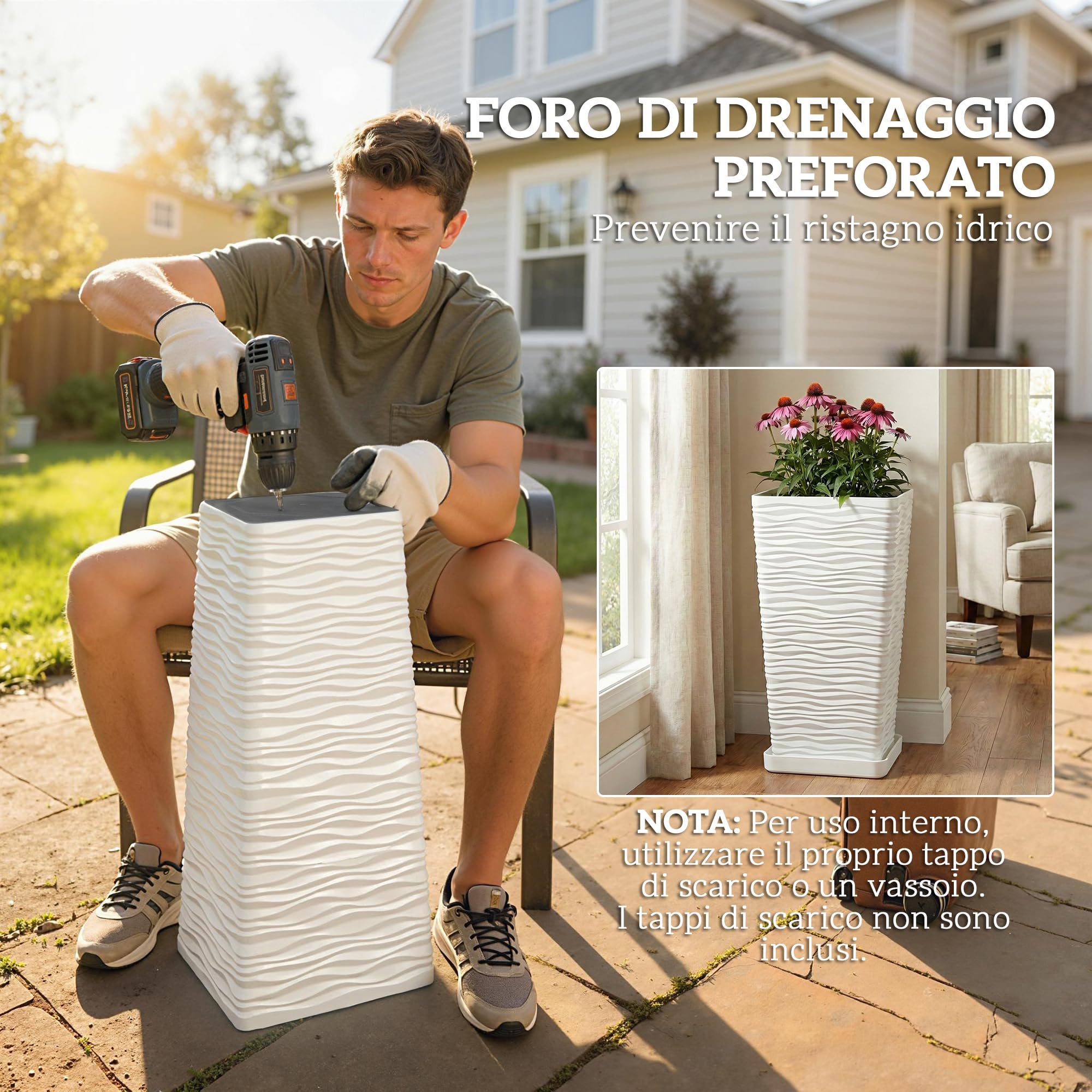 Outsunny Set di 3 Vasi da Esterno Impilabili con Motivo Ondulato, Vasi per Piante da Esterno Quadrati in Plastica per Fiori con Fori di Drenaggio, 42/55/65 cm, Bianco