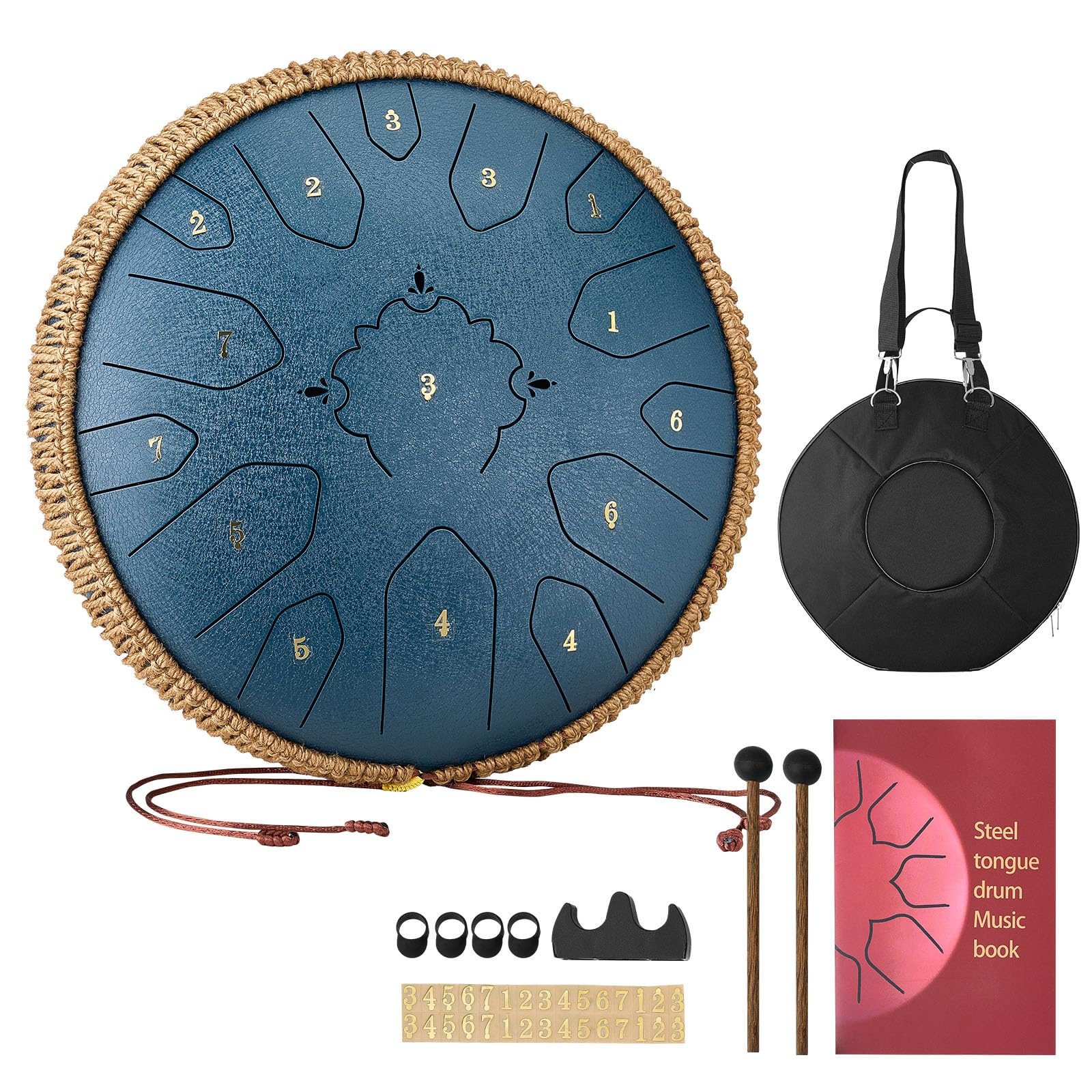 VEVOR Tamburo a Lingua d'Acciaio, Tamburo a Pioggia da 330 mm e 15 Note per Giardino Esterno, Tamburi Musicali in Do Maggiore con Libro di Musica e Bacchette, Strumento a Percussione, Blu Navy