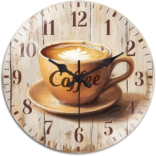 peacoblue Reloj de pared con pilas, color café, de 12 pulgadas, redondo, de cristal, sin tictac, para cocina, sala de estar, comedor, dormitorio y