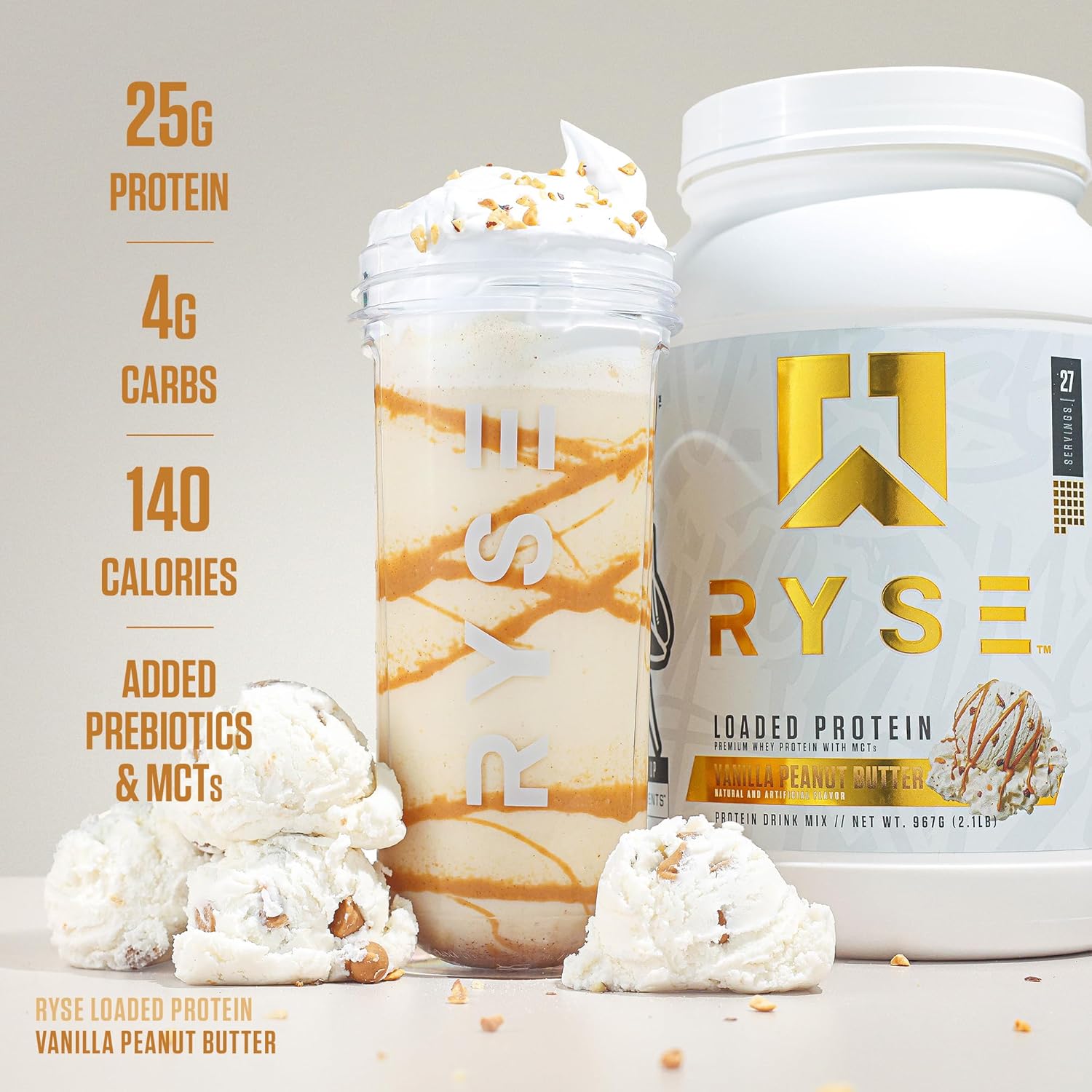 RYSE Loaded Protein Powder - Vanilla Peanut Butter - 25g Whey Protein Isolate & Concentrate with Prebiotic Fiber & MCTs - Low Carb, Low Sugar, Digestive-Friendly - 27 Servings / 2 lb Tub - Image 4