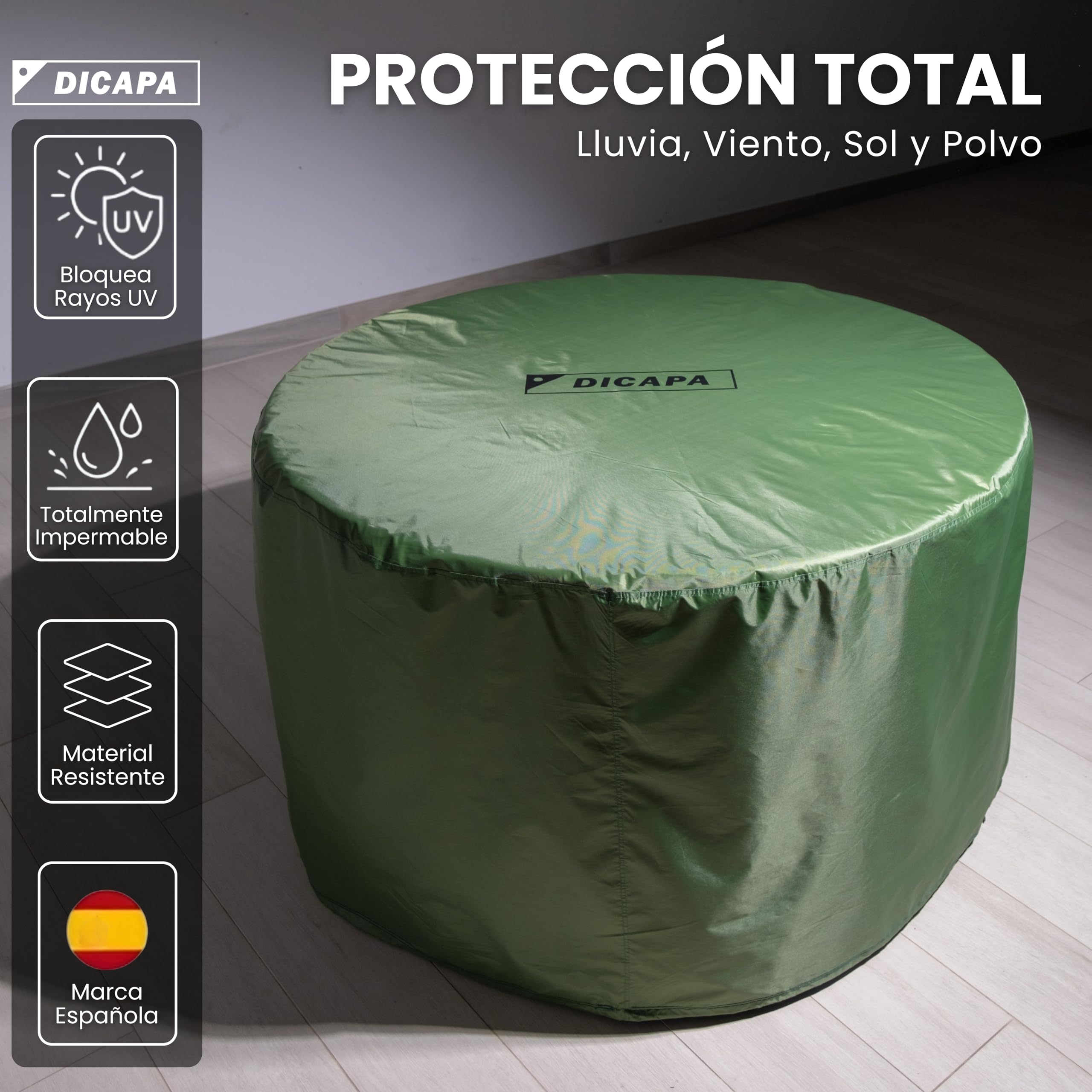 DICAPA Funda Mesa Exterior Impermeable Redonda, Ø160x70cm Verde, Protege tu Mesa de jardín Todo el año