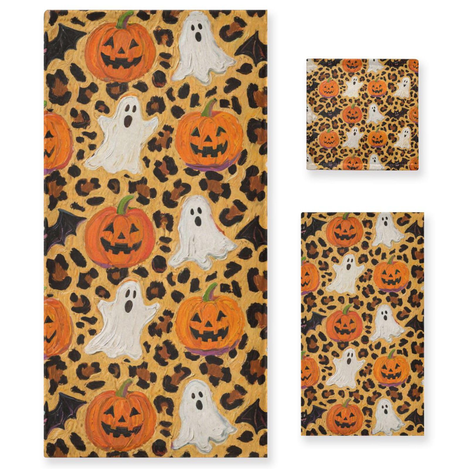 Halloween pomarańczowy lampart dynia szybkoschnące ręczniki do twarzy zestaw 3 sztuk, 1 ręcznik kąpielowy 1 ręcznik do rąk 1 ściereczka do jogi łazienki kuchni
