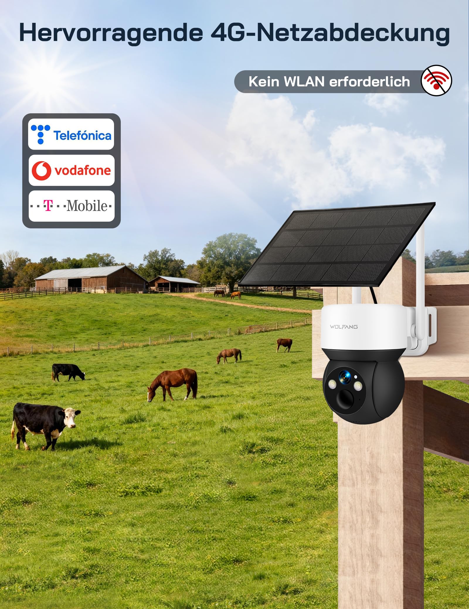 WOLFANG 4G LTE Wildkamera Solar, 2K Wildkamera mit Handyübertragung App, 0,2s PIR Auslösezeit, Bewegungsmelder & Echtzeitalarm, Infrarot Nachtsicht, 7800mAh Akku, 32GB microSD-Karte, IP66