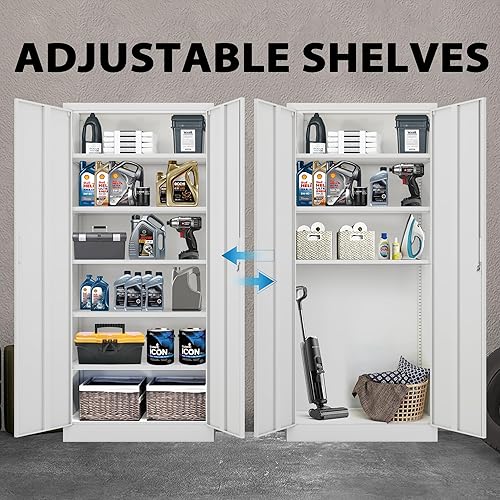 Miniatura 5 de CJF Armario de almacenamiento con cerradura con estantes ajustables, armarios de almacenamiento de metal de 72 pulgadas para garaje, oficina, hogar,