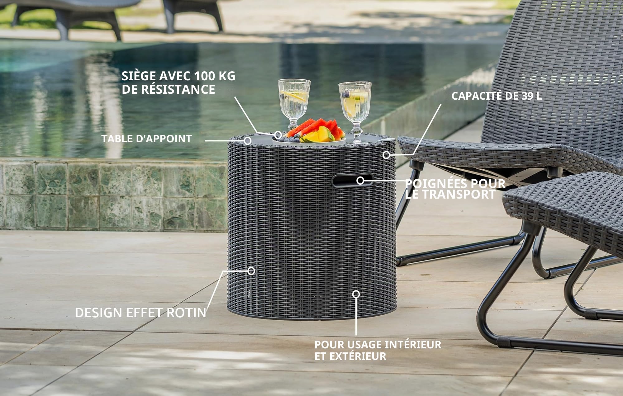 Keter 17200045 Cool Stool Glacière/table d'appoint en plastique imitation rotin Marron