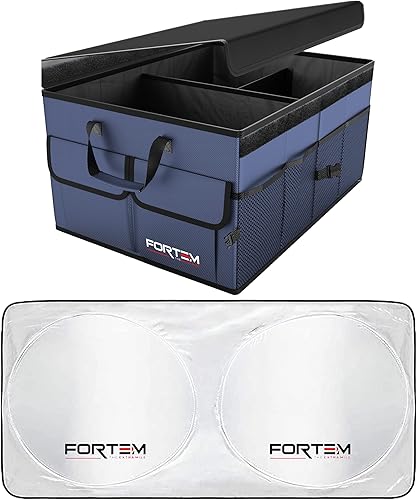 FORTEM Organizador de maletero de coche (azul, estándar) + parasol grande para parabrisas