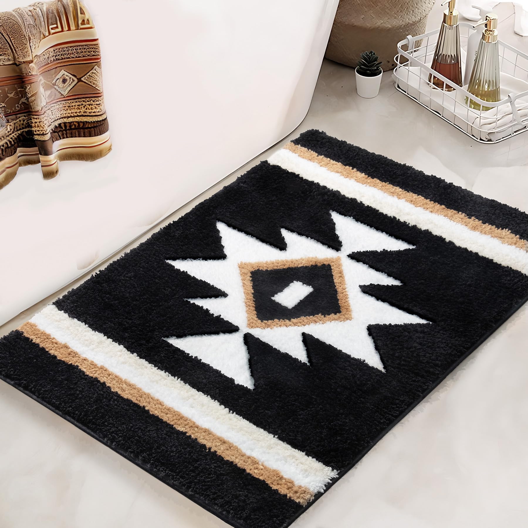 TANVILL Bathroom Rugs Boho Black Bath Mat Non Slip Soft Absorbent Machine Washable Bath Rug Luxury Plush Floor Mat for Bathroom Shower 20x32