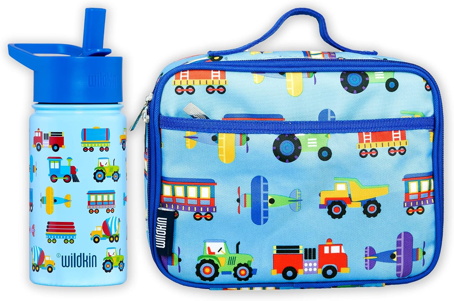 Wildkin Lunch Box Bag Bundle with 14 oz Steel Water Bottle for Kids – Durable, Insulated Kids Lunch Set for School & Travel - Trains, Planes & Trucks