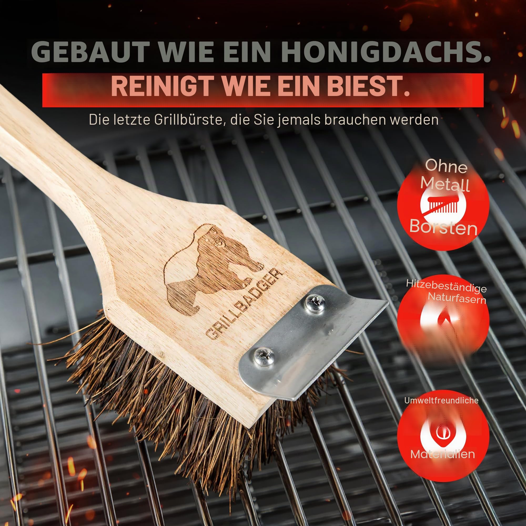 The Original Grillbürste für Grillroste im Freien, hitzebeständige Grill-Reinigungsbürste, langlebiger Grillreiniger aus Holz mit Schaber, sicher für Gusseisenroste – Naturholz