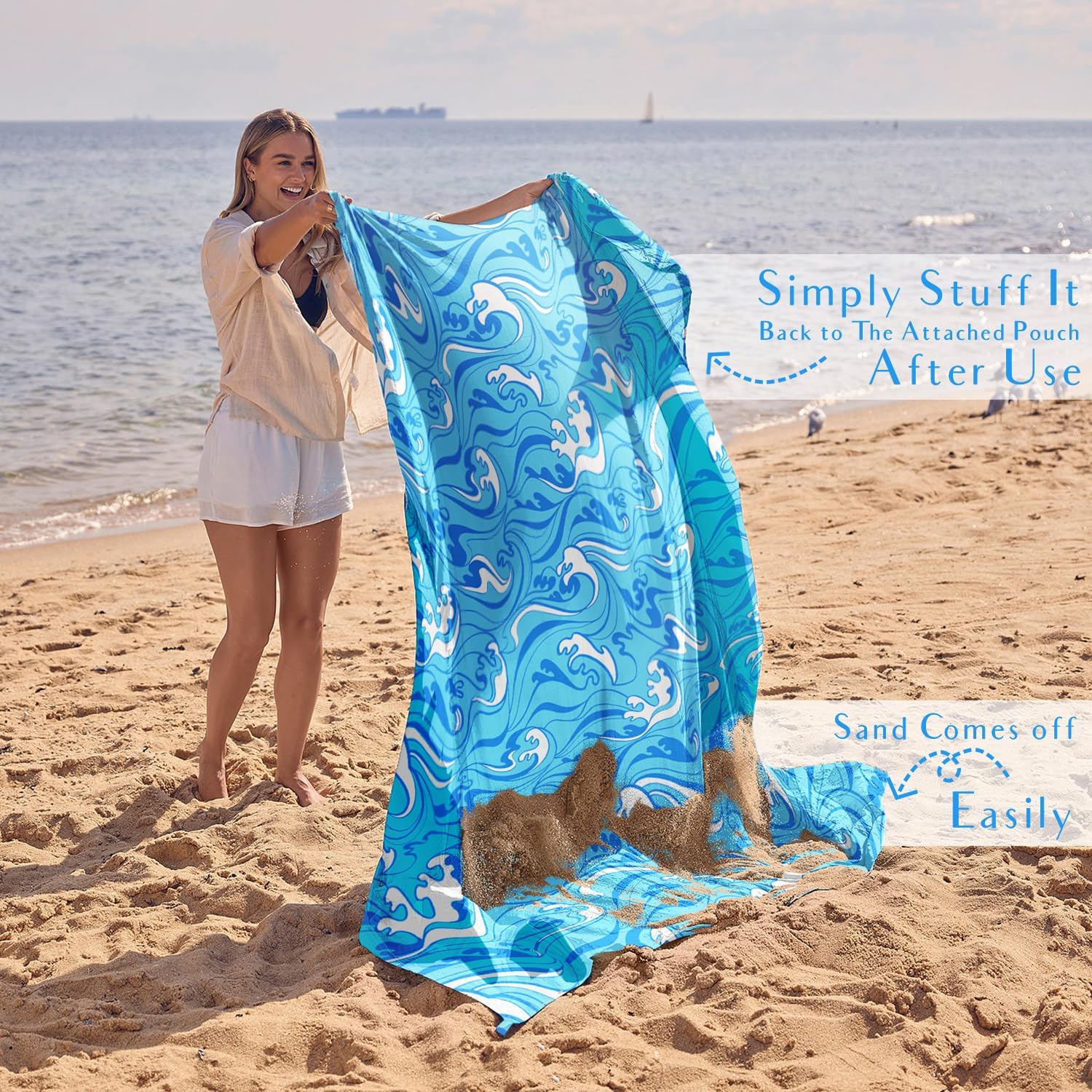 WEKAPO Beach Blanket Waterproof Sandproof Oversized Extra Large Sand Free Beach Mat with Stakes, Storage Bag - Essentials for Outdoor Beach, Picnic (Blue Ocean Waves, 11 X 9 FT (1~10 Person)) - Image 5