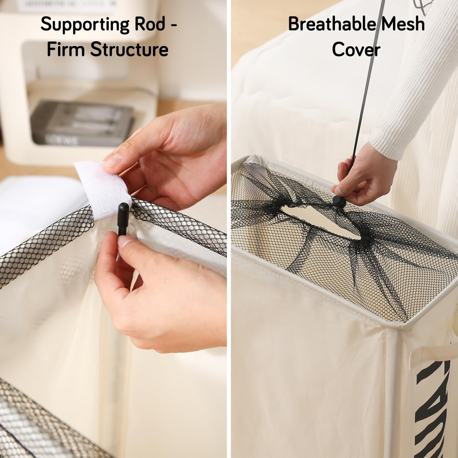 Rolling Laundry Basket with Lid - HOKIPO Cream -4