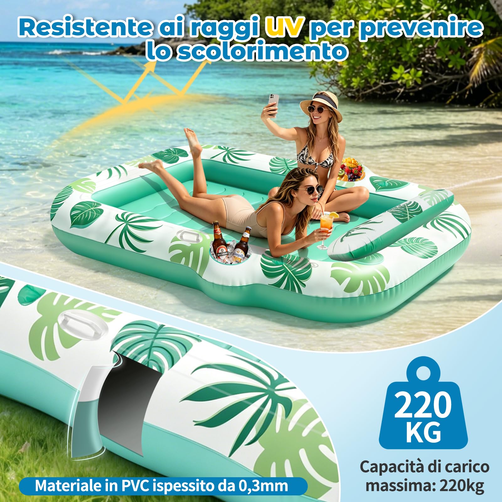 JONRRYIN Materassino Gonfiabile Mare Adulti 2 Persone, Tanning Pool 225×190 cm, Materassino Piscina con Funzione Spruzzo e 2 Portabicchieri, Poltrona Gonfiabile Piscina Relax per Mare
