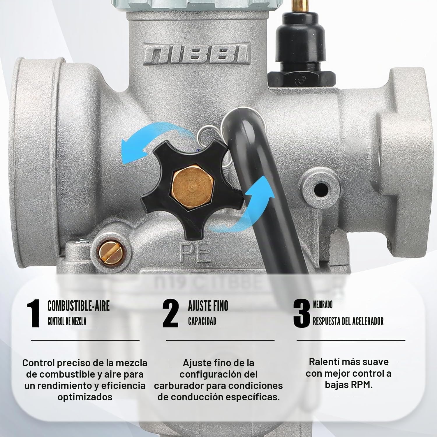 NIBBI PE19mm Carburador Alto Rendimiento para Motos 50cc-125cc Incluye Brida y Boquilla Compatible con Cross, Dirt Bike, Pit Bike, ATV, Motocross y Mini GP